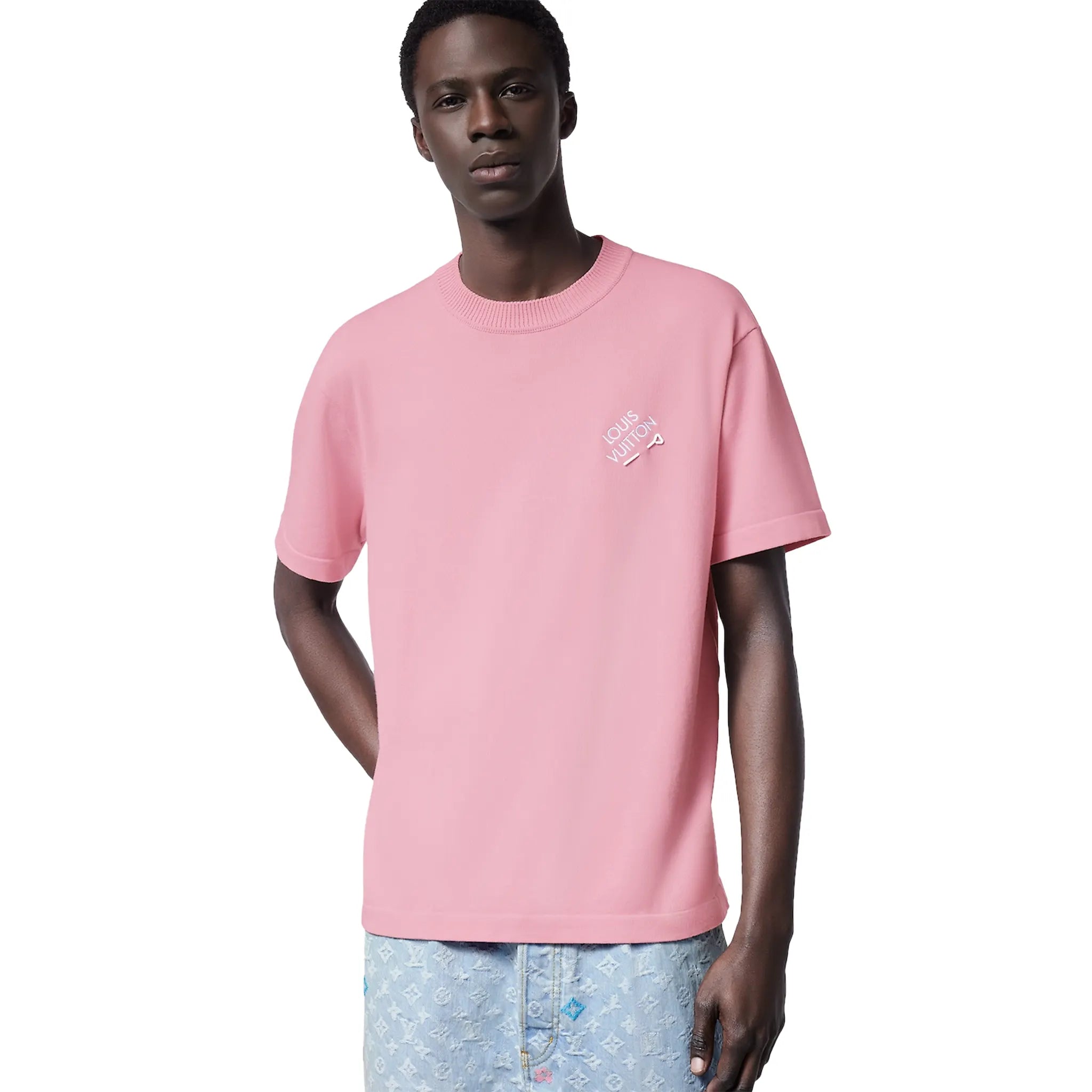Louis Vuitton Signature Embroidered Coral Blush Pink Crewneck T-Shirt for Women | Luxury Casual Wear for Outings & Social Events