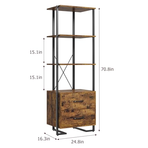 GARVEE 4 Tier Bookshelf with Storage Drawers - 70.9 Inch Tall Industrial Bookcase with Open Display Shelves & Metal Frame - Rustic Brown Book Shelf for Living Room, Bedroom, Office - Perfect for Organizing Books, Decor & Storage Needs