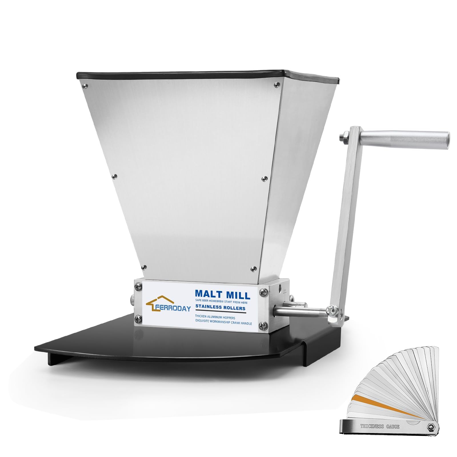 FERRODAY 2 Roller Stainless Steel Malt Crusher - Adjustable Barley Grinder for Homebrewing | Heavy Duty Grain Mill with Low Speed Drill Option | Perfect for Craft Beer Brewing, Whiskey Making & Home Brew Kit Accessories