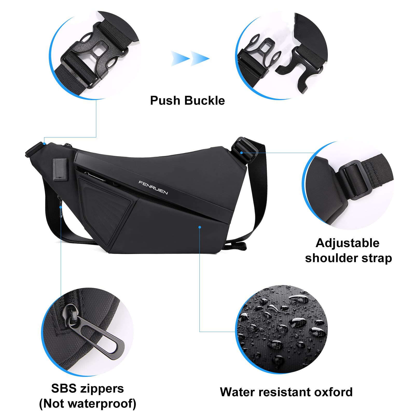 FENRUIEN Lightweight Expandable Chest Bag for Men - Water Resistant Crossbody Sling Bag with USB Charging Port - Perfect for Travel, Hiking & Everyday Carry (EDC) - Black