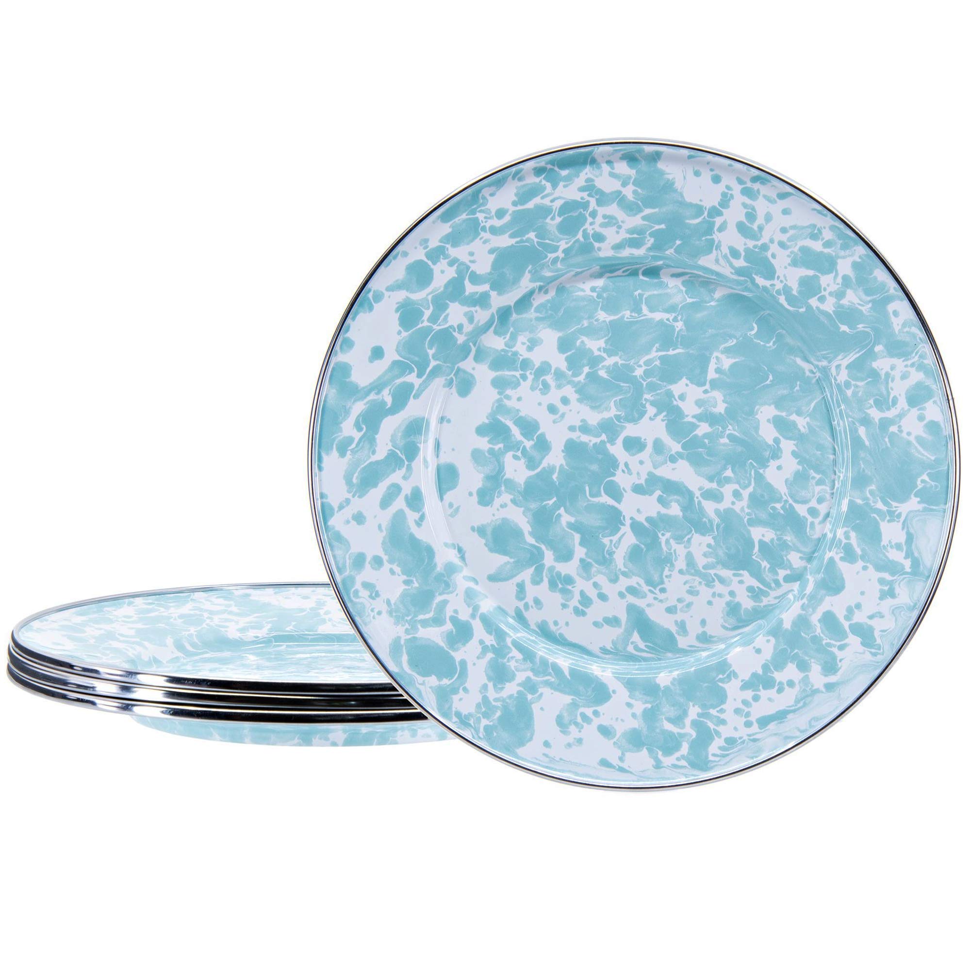 Golden Rabbit Enamelware Plates - Set of 4 (8.5 Inch) Sandwich Plates in Sea Glass Swirl Design - Durable & Stylish for Picnics, Camping, BBQs, and Outdoor Dining