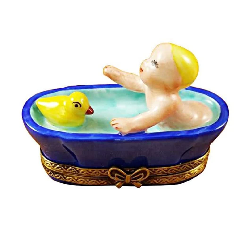 Limoges Box - Baby in Bathtub with Duck | Hand-Painted Porcelain Collectible | Perfect for Baby Showers, Nursery Decor & Gift Giving