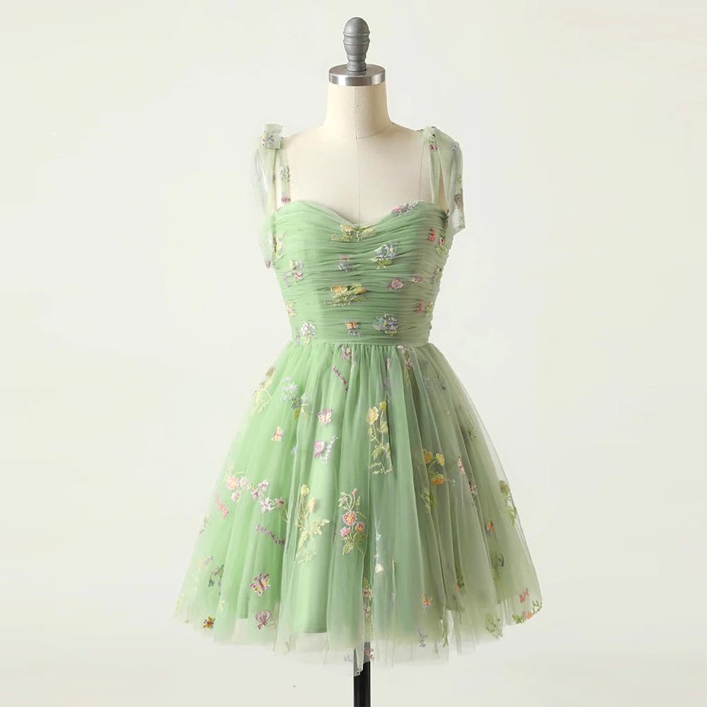 Elegant Women's Tie Strap Tulle Prom Dress with Sweetheart Neckline & Floral Embroidery - Short Formal Party Mini Homecoming Dress for Prom Night, Wedding Guest, Cocktail Party & Special Occasions