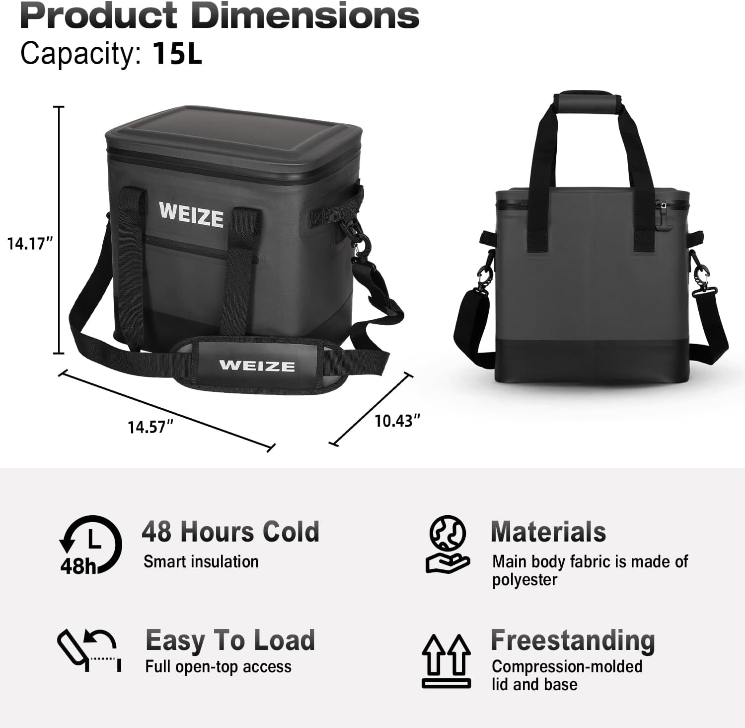 WEIZE 24 Can Soft Cooler - 15L Insulated Leak Proof Floating Ice Chest with Heavy Duty Zipper, Portable Lunch Bag for Camping, Beach, Picnic & Outdoor Activities