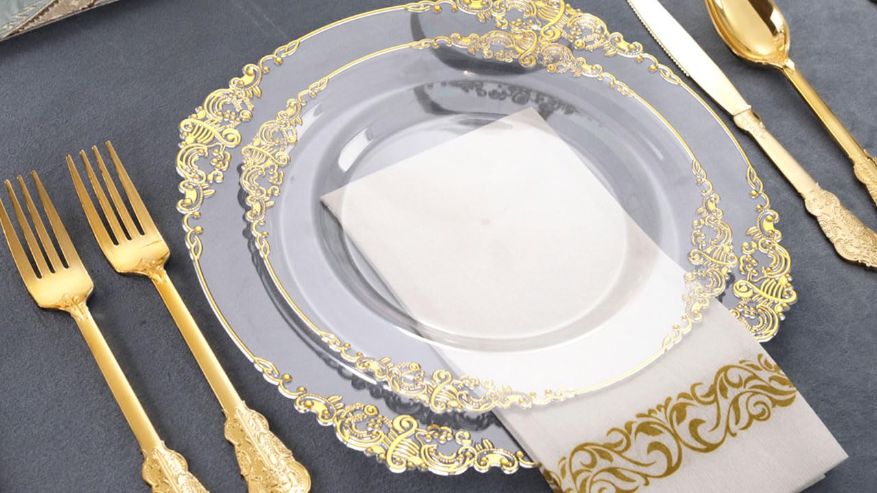 175PCS Clear Gold Plastic Plates Disposable Dinnerware Set - Includes 50 Plates, 75 Silverware, 25 Cups & 25 Napkins for 25 Guests - Elegant Party Supplies for Christmas, Weddings, Birthdays & Holiday Gatherings