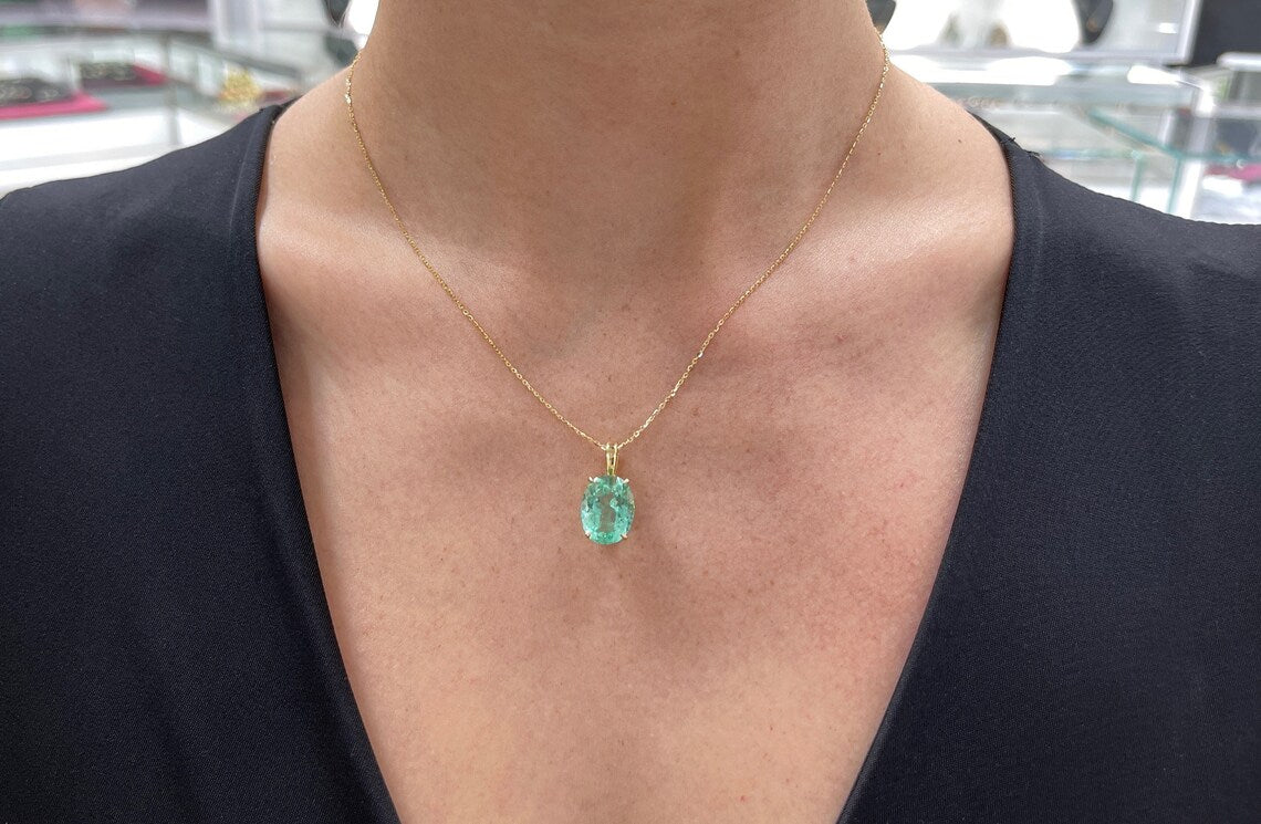 6.45ct 18K Bluish Green Oval Colombian Emerald Solitaire Pendant Necklace - High Transparency 4 Prong Setting for Women, Perfect for Weddings, Anniversaries & Special Occasions