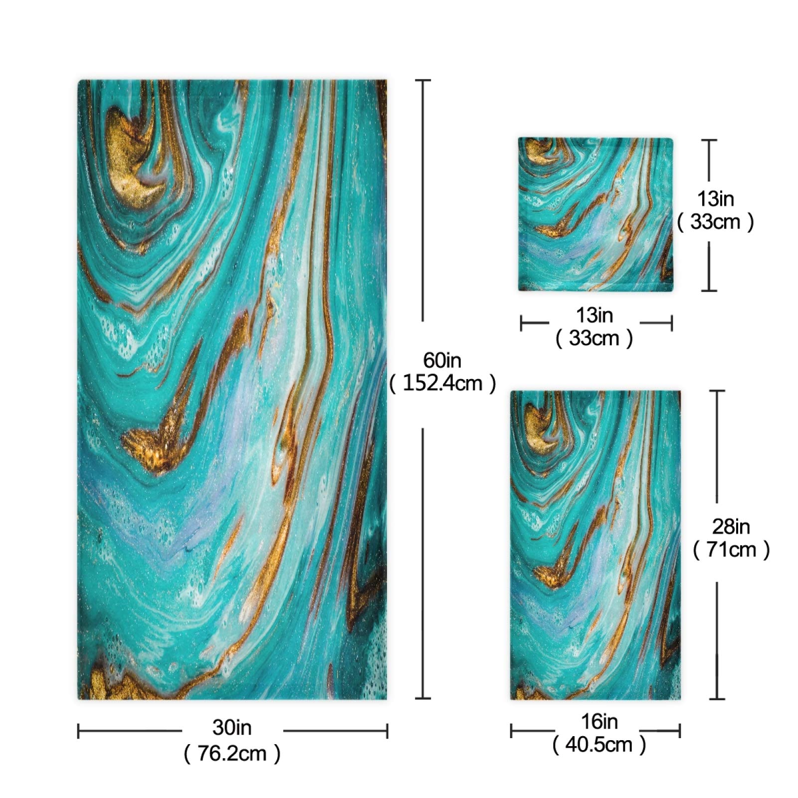 Teal Turquoise Marble Bath Towel Set - 3 Piece Gold Blue Marble Stone Hand Towels & Washcloth - Soft, Thin & Durable for Home, Bathroom, Hotel, Gym, Swim & Spa Decor - Perfect for Luxury Bathing, Guest Towels & Spa Day Essentials