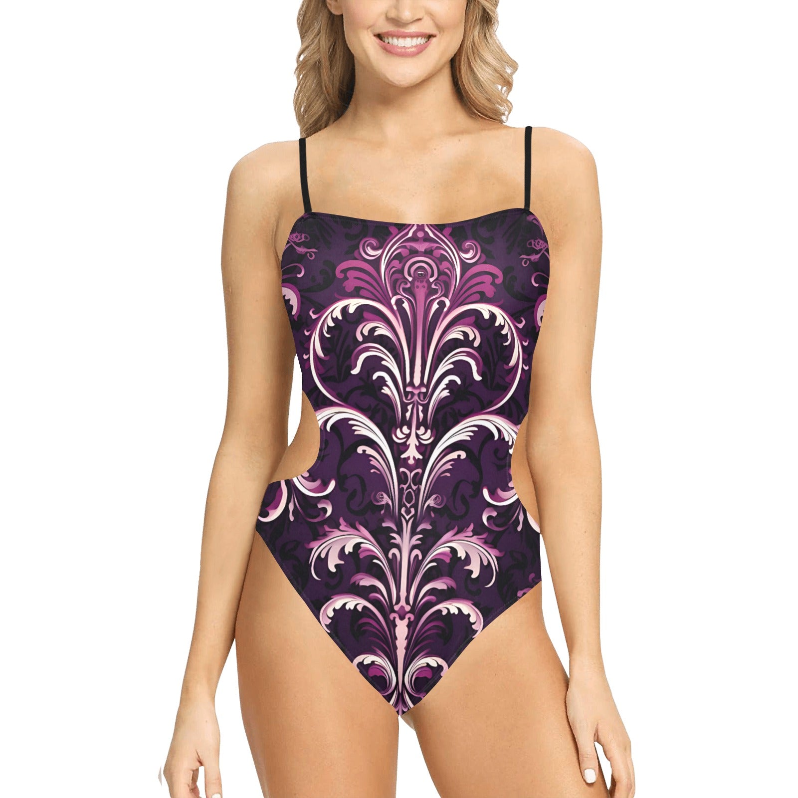 Gothic Purple One-Piece Swimsuit with Spaghetti Straps & Cut-Out Sides - Sexy Bathing Suit for Women, Beach Vacation, Pool Party & Summer Fashion