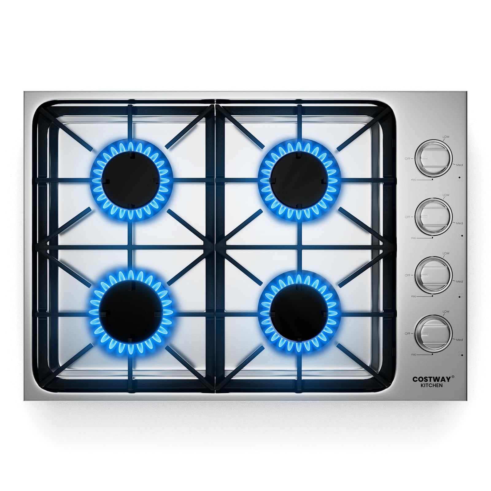 COSTWAY 30-inch 4 Burner Gas Cooktop - Stainless Steel Gas Stove Top with ABS Knobs & Cast Iron Grates - NG/LP Convertible Sealed Burner Range for Kitchen - Easy Clean Silver Surface - Perfect for Home Cooking, Baking & Entertaining