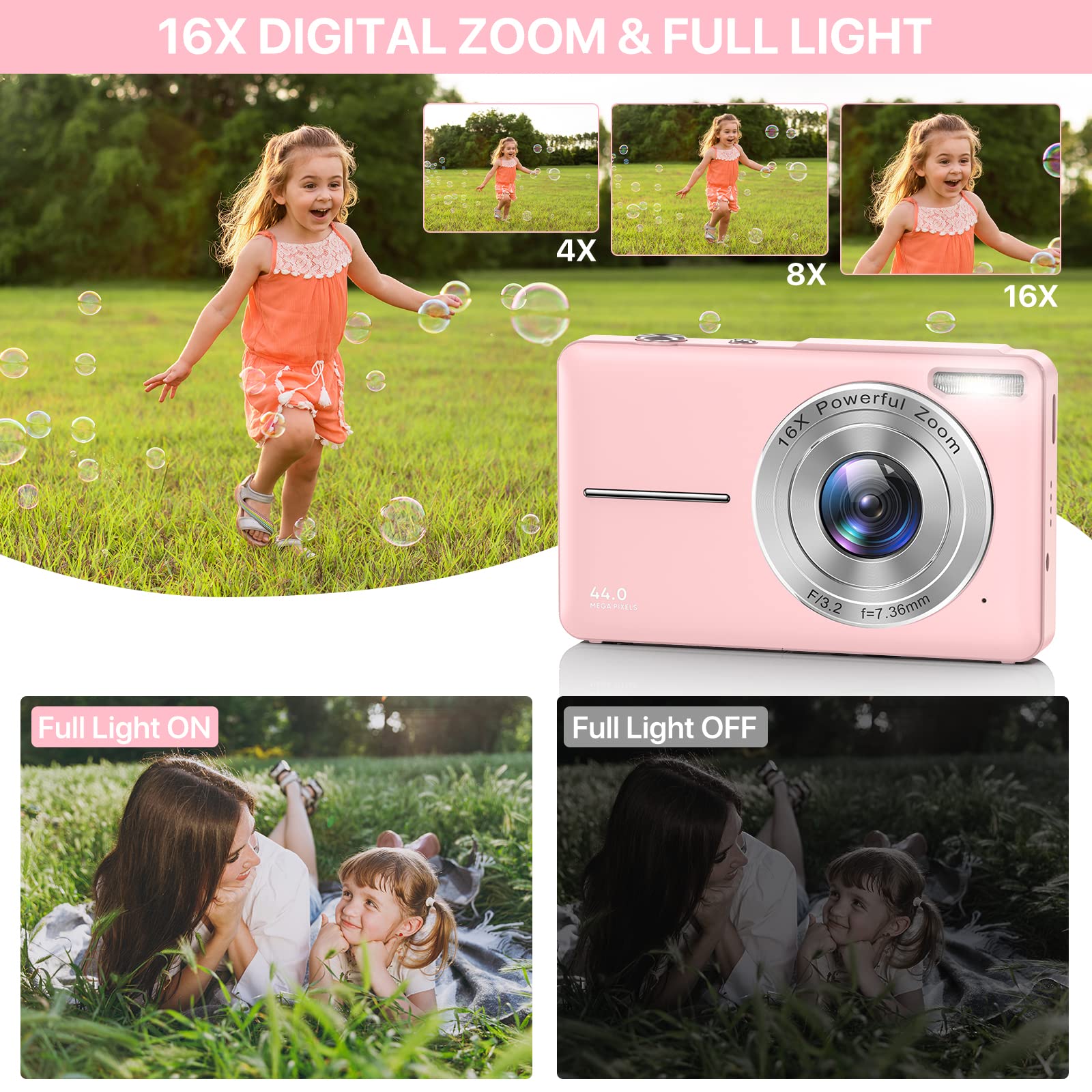 FHD 1080P Digital Camera with 16X Zoom - Compact Point & Shoot Camera for Kids, Teens & Seniors | Light Pink Portable Mini Camera for Travel, School & Family Events