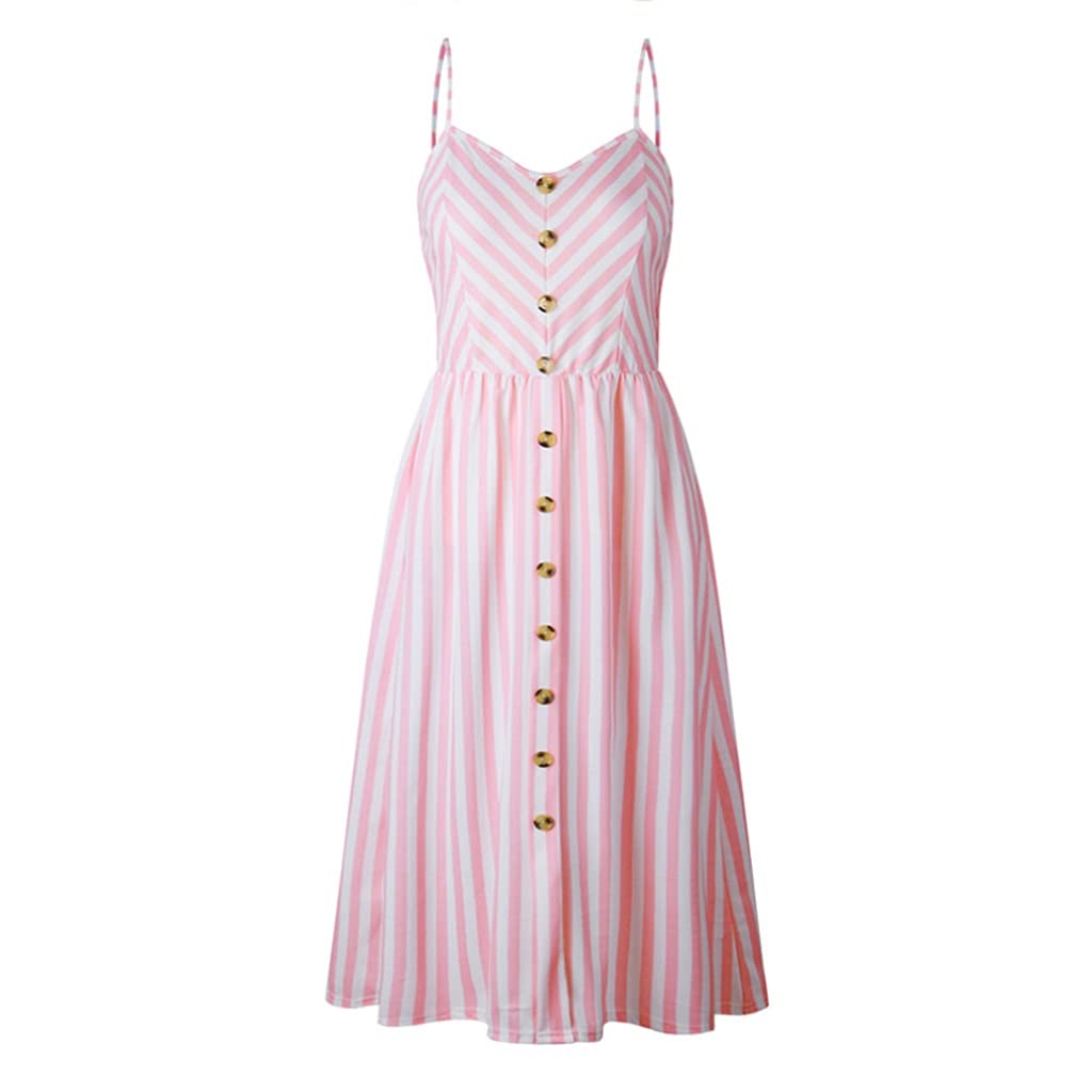Retro Striped Suspender Dress for Women - Casual Summer Beach Dress in Pink, Medium Size | Perfect for Vacations, Picnics, and Outdoor Parties