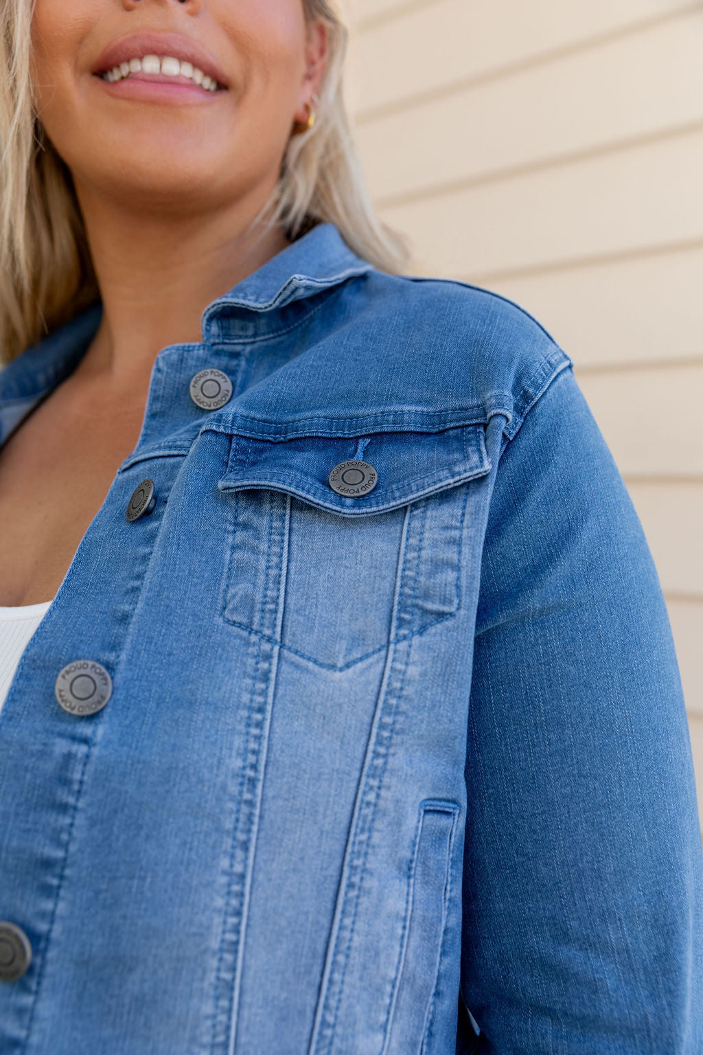Kenzie Crop Denim Jacket for Women - Stylish Distressed Light Blue Denim Jacket - Perfect for Spring Outfits & Casual Streetwear