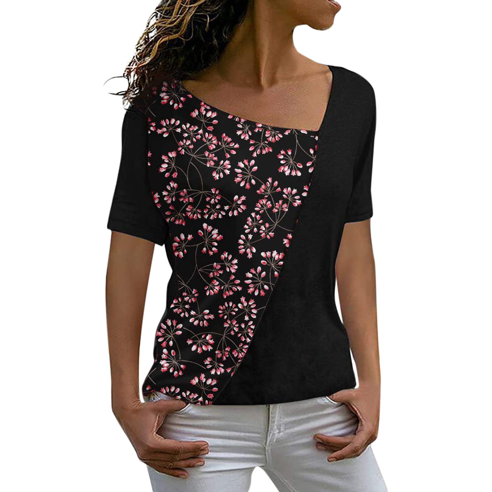 Women's Short Sleeve V-Neck T-Shirt - Summer Casual Solid Color & Printed Blouse Tops with Color Block Design | Perfect for Beach Outings, Weekend Wear and Everyday Fashion