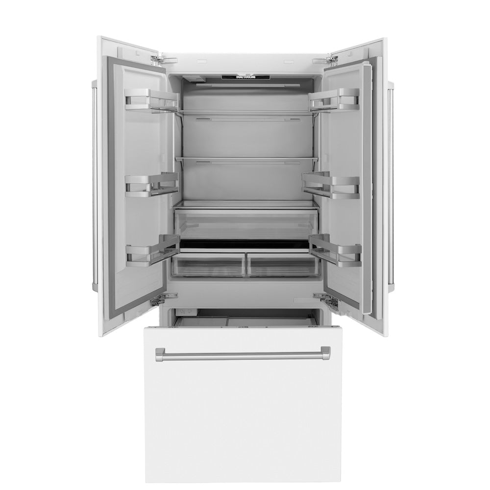 ZLINE 36 Inch 19.6 Cu. Ft. French Door Built-In Bottom Freezer Refrigerator with Water Dispenser & Ice Maker - White Matte Finish (RBIV WM 36) | Perfect for Modern Kitchens & Open-Concept Homes
