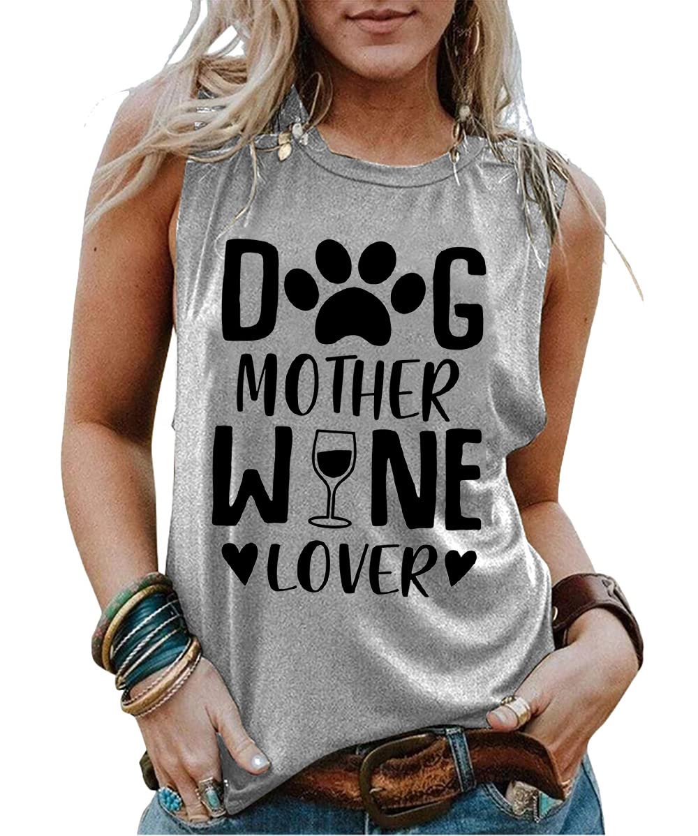 IOEGW Women's Sleeveless Dog Mom T-Shirt - Casual Letter Print Tank Top for Wine Lovers | Perfect for Dog Parties, Mother's Day & Casual Outings