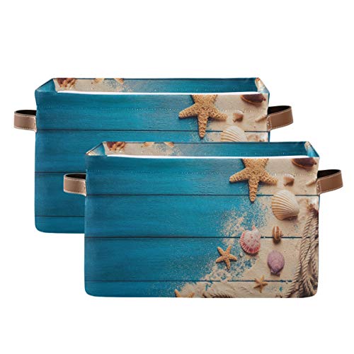 Ocean Starfish Seashell Wooden Storage Baskets - Large Collapsible Organizer Bins with Handles, Foldable Laundry Hamper & Toy Storage Box for Closet, Nursery, Shelf (2-Pack) - Perfect for Beach Themed Decor, Kids Room Organization & Bathroom Storage