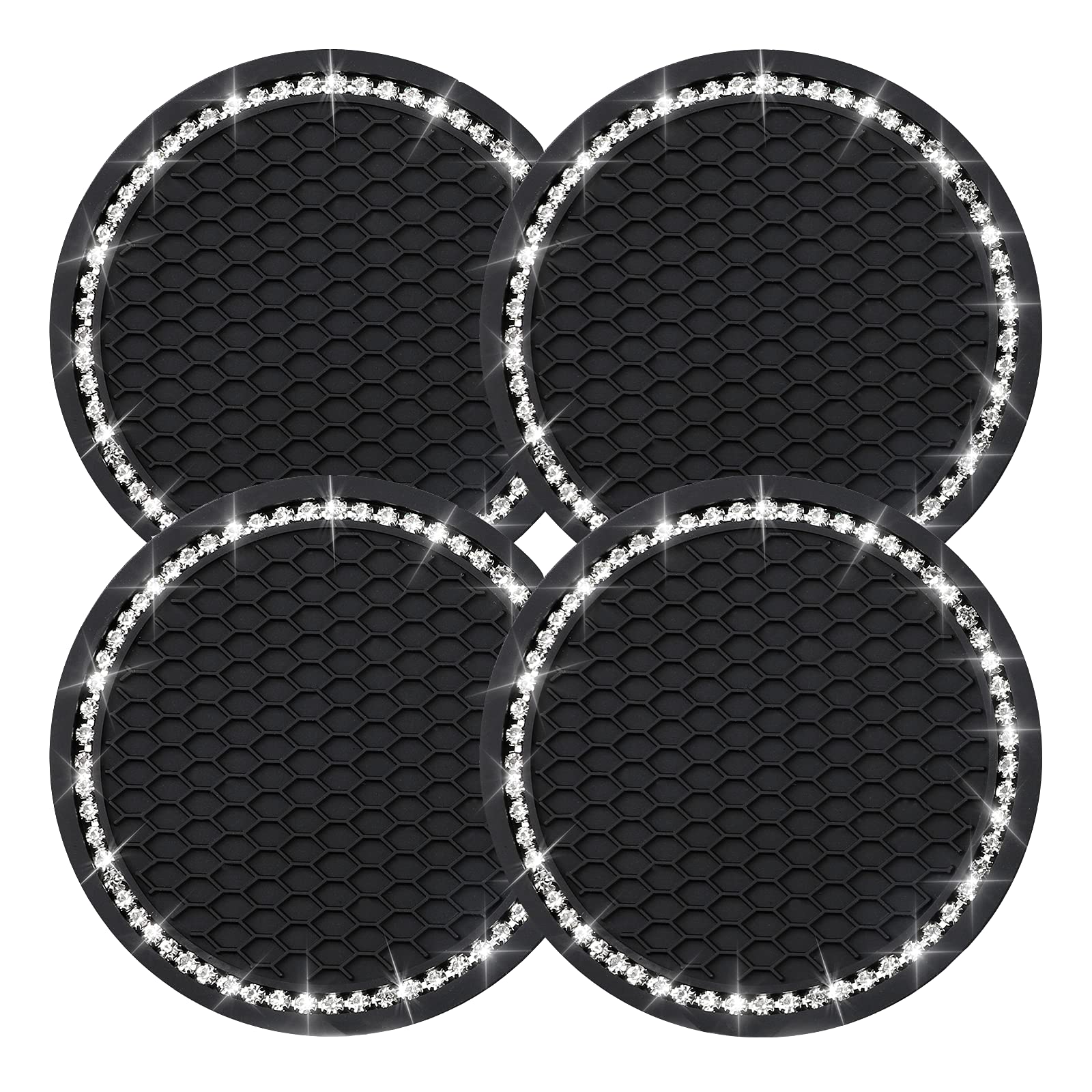 4PCS Rhinestone Anti-Slip Car Cup Coasters - Crystal Bling Drink Holders for Vehicles, Universal Fit for Most Car Interiors (Black) | Perfect for Coffee, Soda & Water Bottles in Cars, Trucks & SUVs
