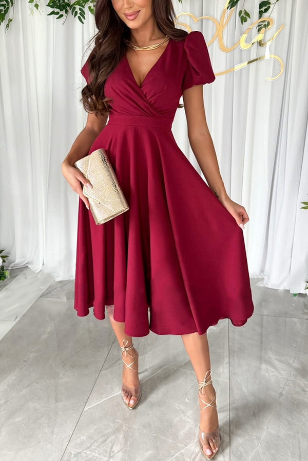 Zayla Women's Solid Color Puff Sleeve V-Neck Waist Slim Fit Midi Dress - Elegant Party, Wedding Guest & Office Wear