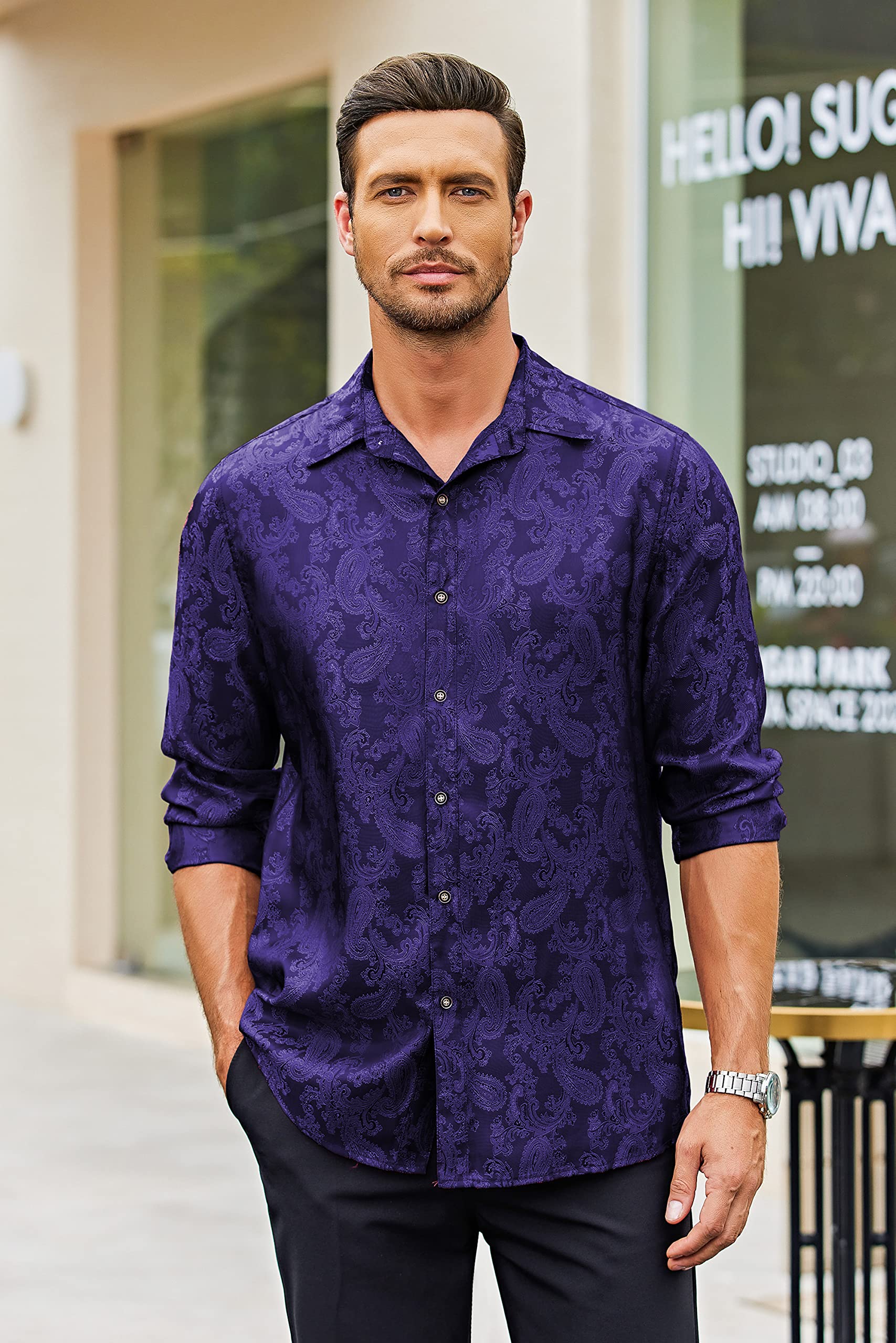 COOFANDY Men's Silk Satin Dress Shirt - Long Sleeve Floral Printed Paisley Button Down Shirt for Wedding, Party, Prom & Formal Occasions | Elegant Business Attire & Special Events