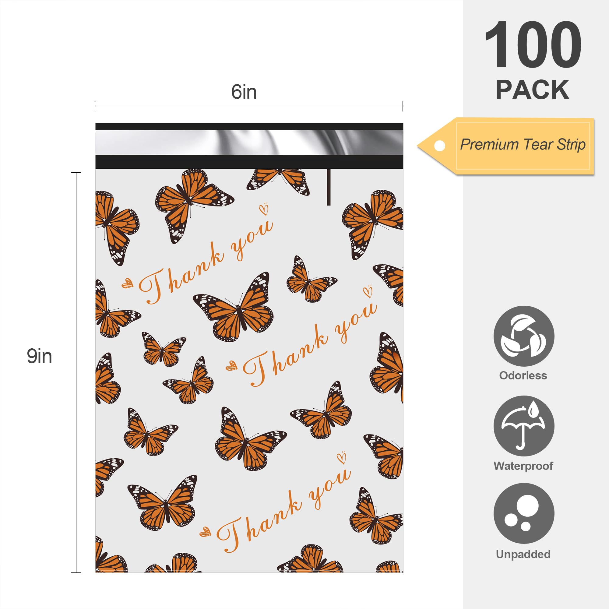 100 Pack 6x9 Thank You Poly Mailer Bags - Strong Self-Adhesive Shipping Envelopes for Small Business | Butterfly Printed Cute Packaging | Perfect for Ecommerce, Subscription Boxes & Gift Shipping