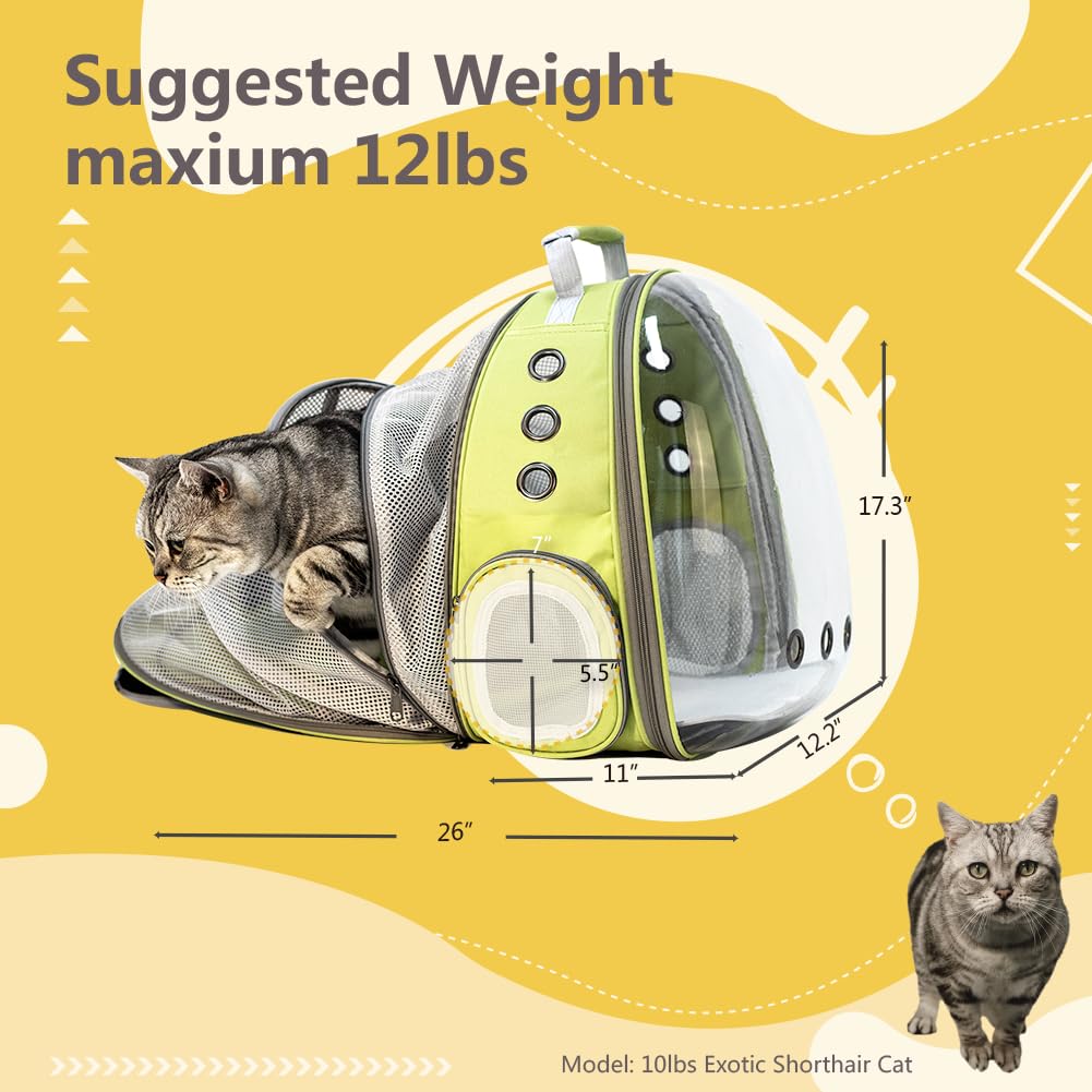 Expandable Cat Backpack Carrier with Clear Bubble Window - Durable Pet Travel Backpack for Cats & Small Dogs - Airplane Approved for Travel, Hiking, Camping & Outdoor Adventures (Light Green) - Perfect for Vet Visits, Daily Commutes & Exploring Nature Together
