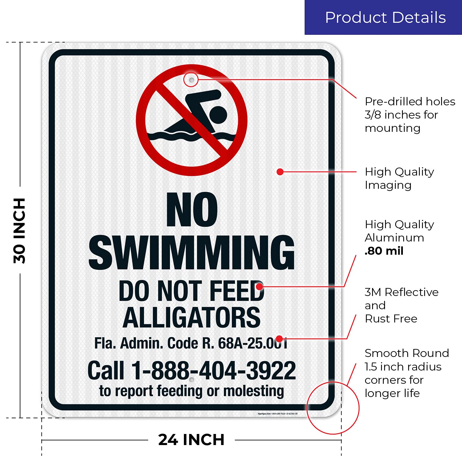 No Swimming Do Not Feed Alligators Sign - 24x30 Inches, 3M EGP Reflective .080 Aluminum, Fade Resistant - Made in USA - Perfect for Lakes, Ponds & Wildlife Areas