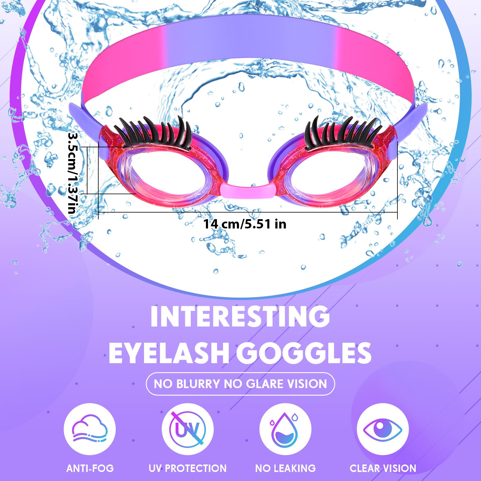 Konohan 2-Pack Kids Swim Goggles with Eyelashes - No Slip, Leak Proof, Anti-Fog & UV Protection for Girls - Perfect for Swimming Lessons, Pool Parties & Lash Extensions