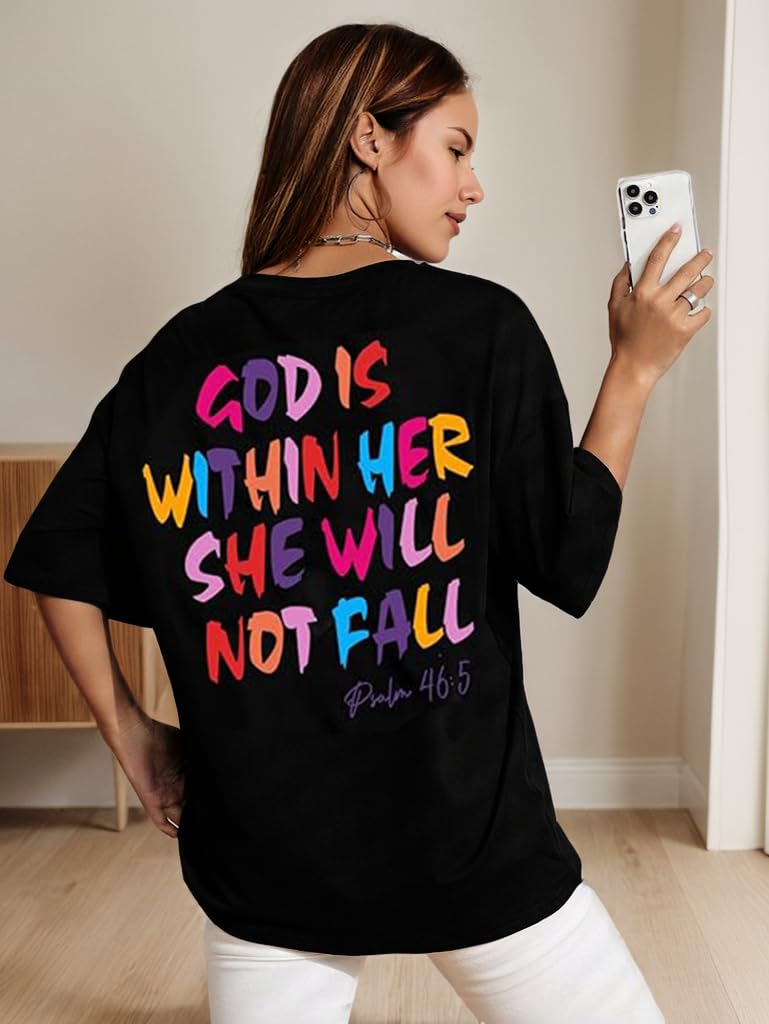 Oversized Christian T-Shirts for Women - God is Within Her Jesus Faith Shirts with Bible Verse - Inspirational Graphic Tees for Church, Worship & Daily Wear
