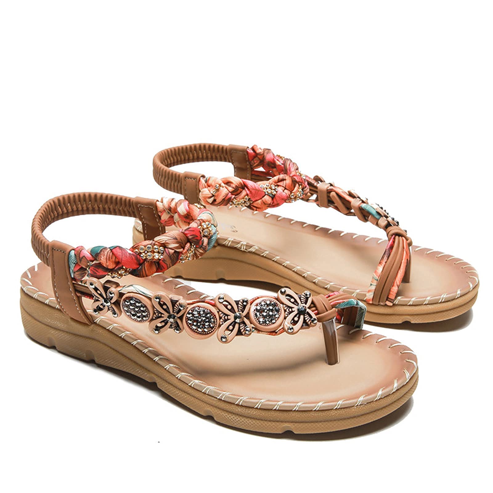 Women's GANE Summer Flat Sandals - Beach Flip Flops with Cross Strap & T-Bar Design, Roman Style Flower Diamante Sandals for Vacation, Travel & Casual Wear