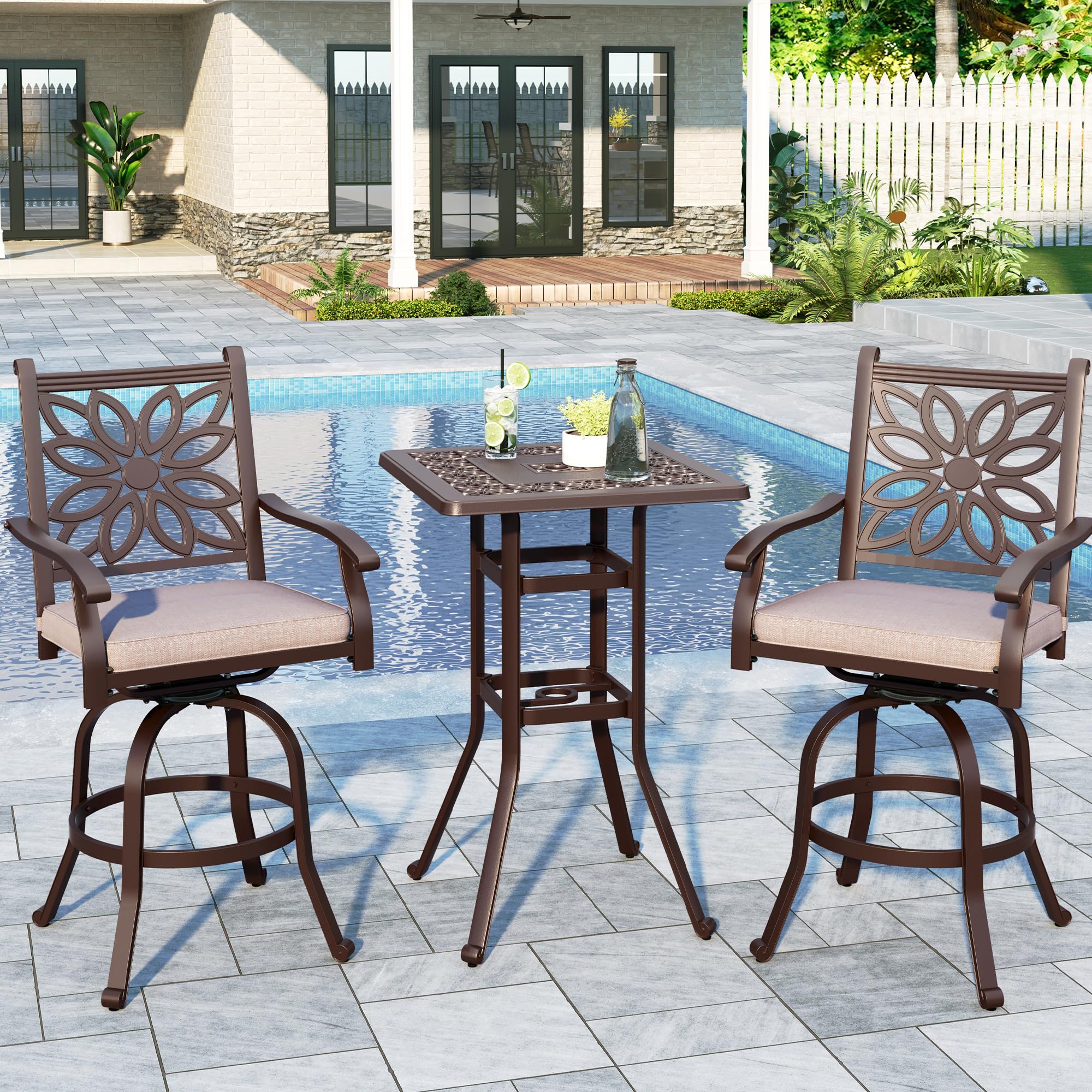 Sophia & William 3-Piece Cast Aluminum Outdoor Bar Set - Square Patio Bar Table with 2 Swivel Bar Stools, Modern Counter Height Bistro Set for Backyard, Deck, Garden or Poolside Relaxation