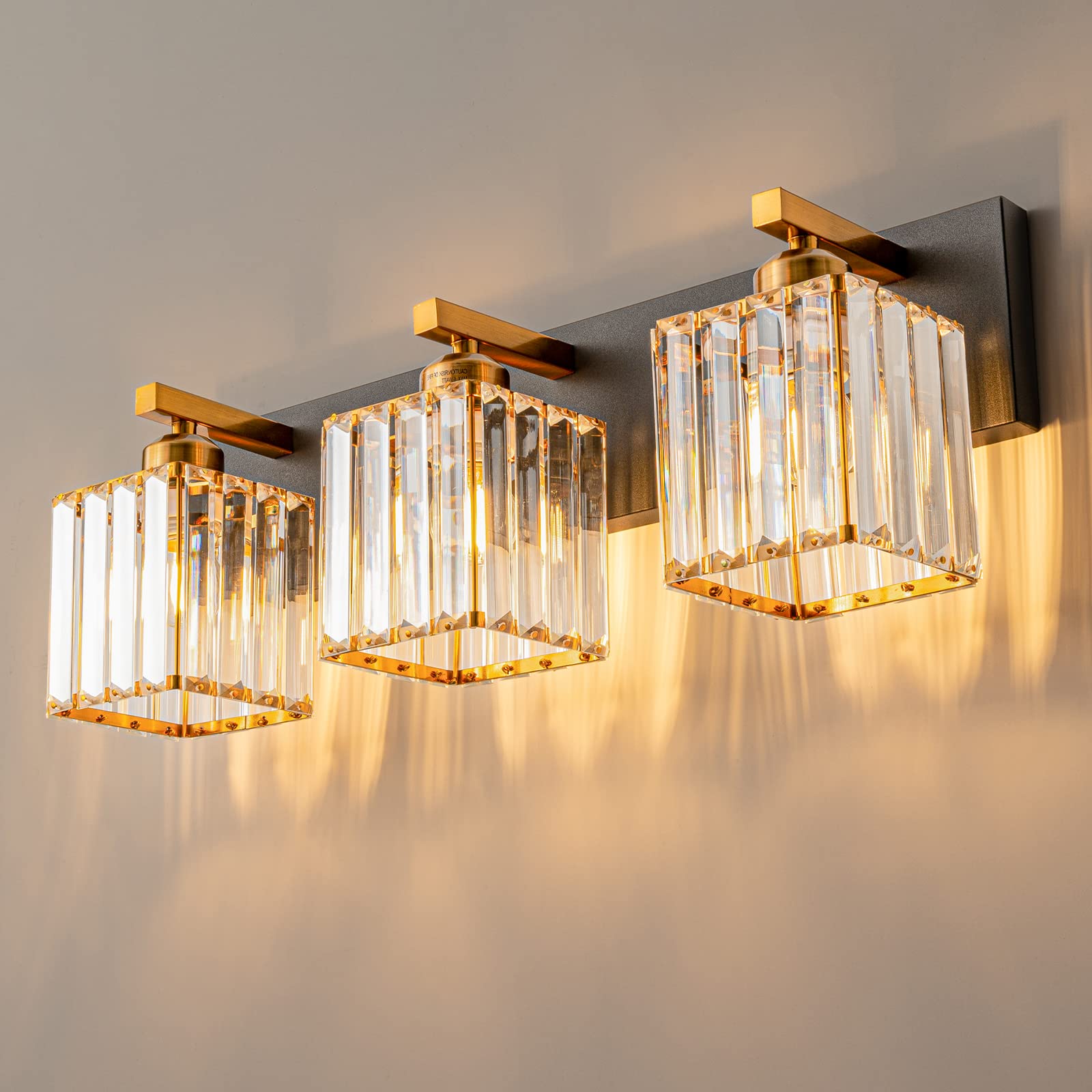 Modern Black Gold Crystal Bathroom Vanity Light - 3-Lights Wall Sconce Fixture for Elegant Powder Room & Master Bathroom Lighting
