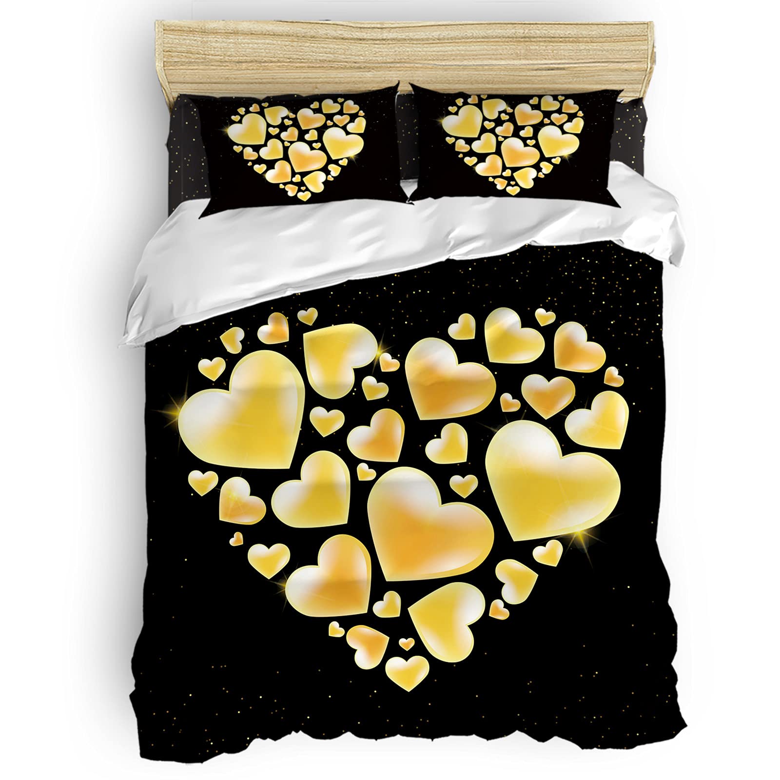 LBHAUSE 4-Piece Microfiber Bedding Set - Soft Full Size Duvet Cover with Gold Heart Design, Valentine's Day Gift for Adults & Teens, Easy Care & Wrinkle Resistant - Perfect for Romantic Bedrooms, Guest Rooms & Dorm Decor