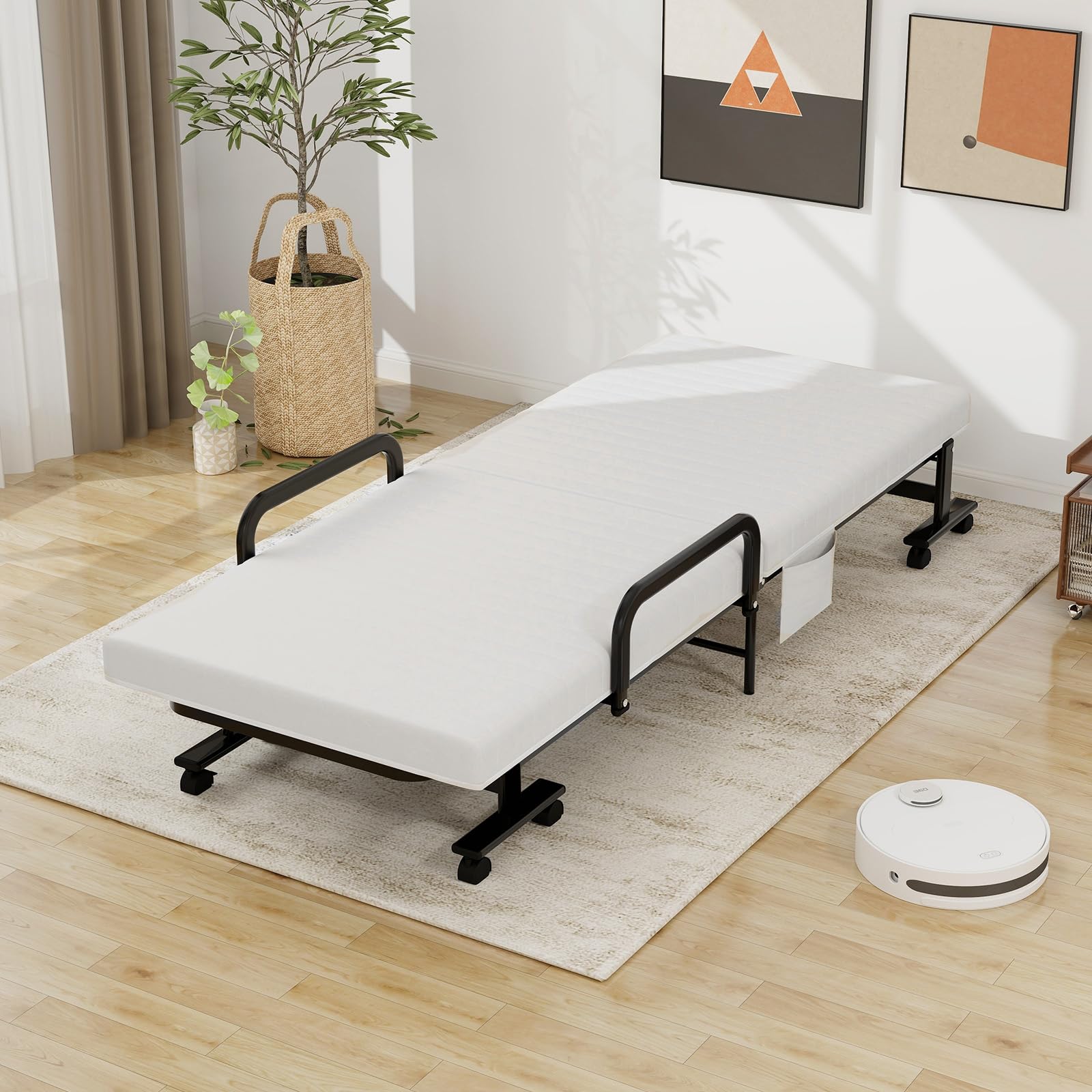 KOMFOTT Folding Rollaway Bed with Mattress for Adults & Guests - 6 Position Adjustable Backrest, Reinforced Steel Frame, Side Storage Pocket (75.5