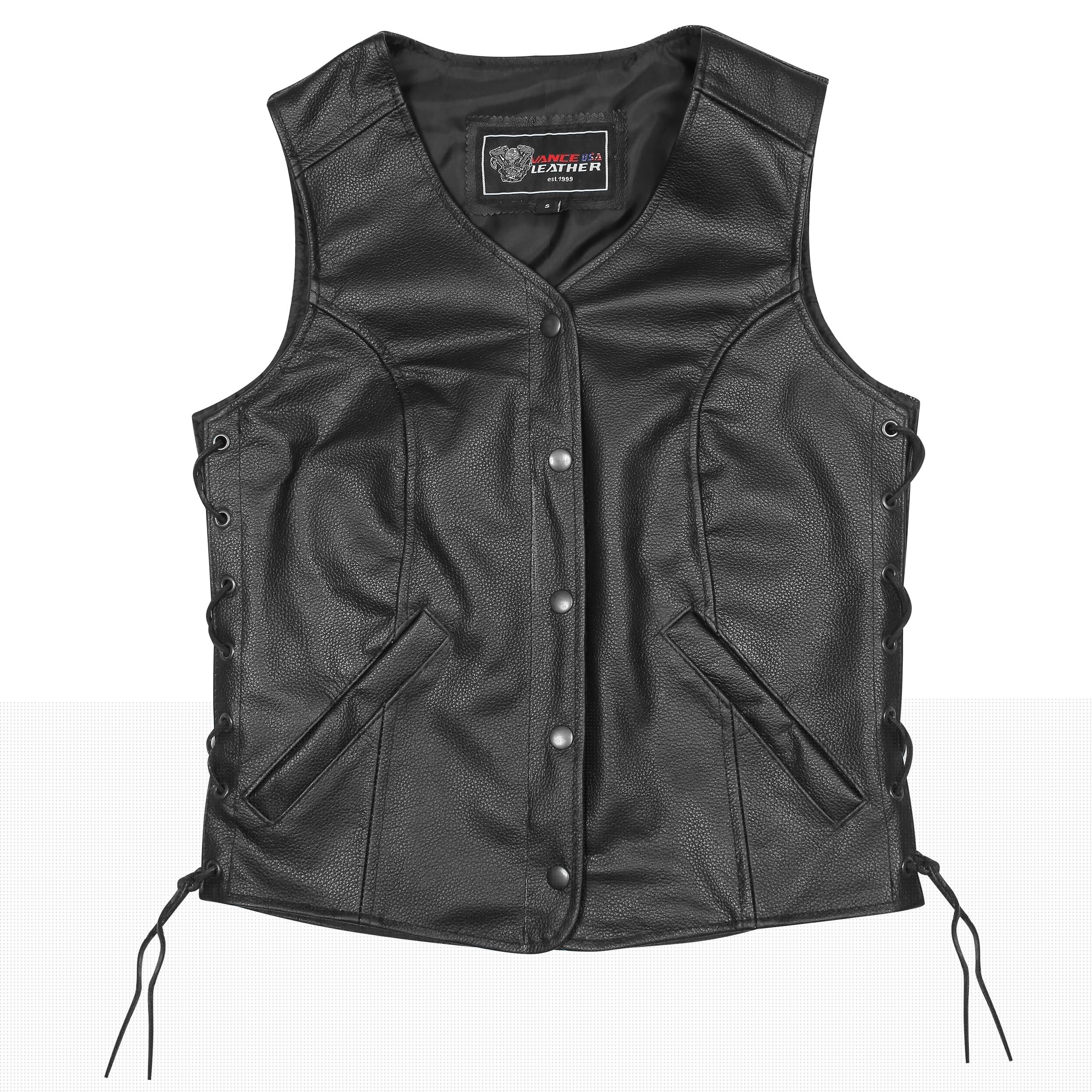 Vance VL1048S Women's Black Leather Motorcycle Vest - 5 Snap Closure, Side Laces & Conceal Carry Pocket | Biker Jacket for Riding, Harley Davidson Outfits & Casual Wear