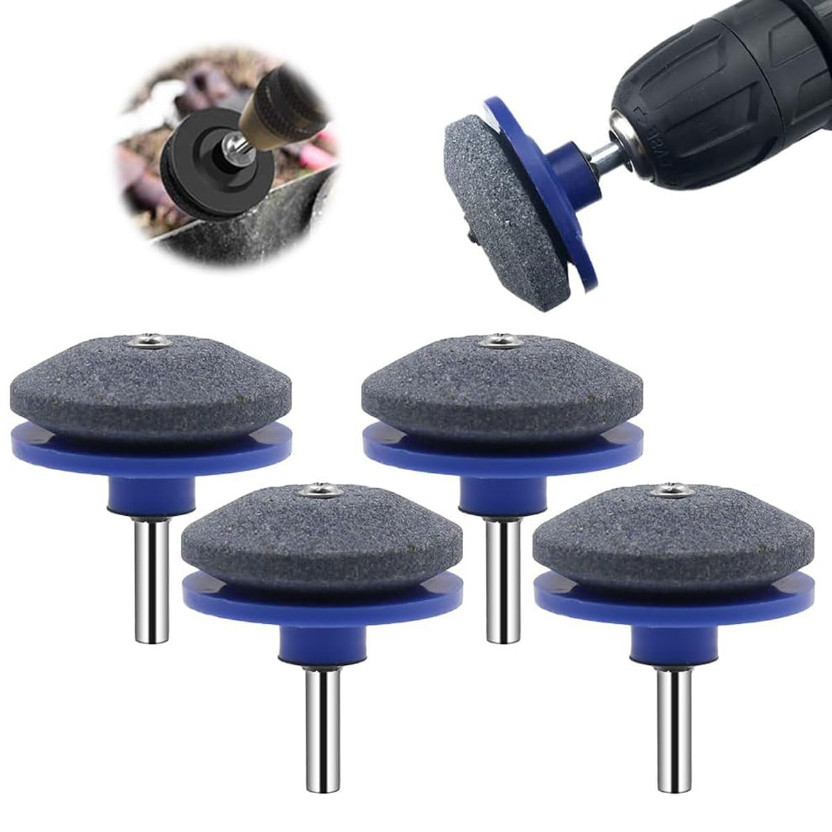 2024 Universal Lawn Mower Blade Sharpener Kit - Dull Blade Sharpener for Rotary Mowers, Wear-Resistant Drill Attachment Compatible with Any Power Hand Drill (4-Piece Blue Set) - Perfect for DIY Lawn Care & Garden Maintenance