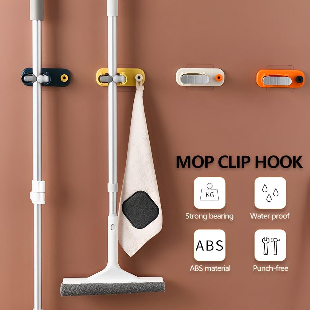 2-Pack Self-Adhesive Mop Holder Hooks - Heavy Duty No Drill Wall Mount Broom Gripper for Bathroom & Kitchen Organization (Multicolor) - Perfect for Small Space Storage & Cleaning Tool Organization