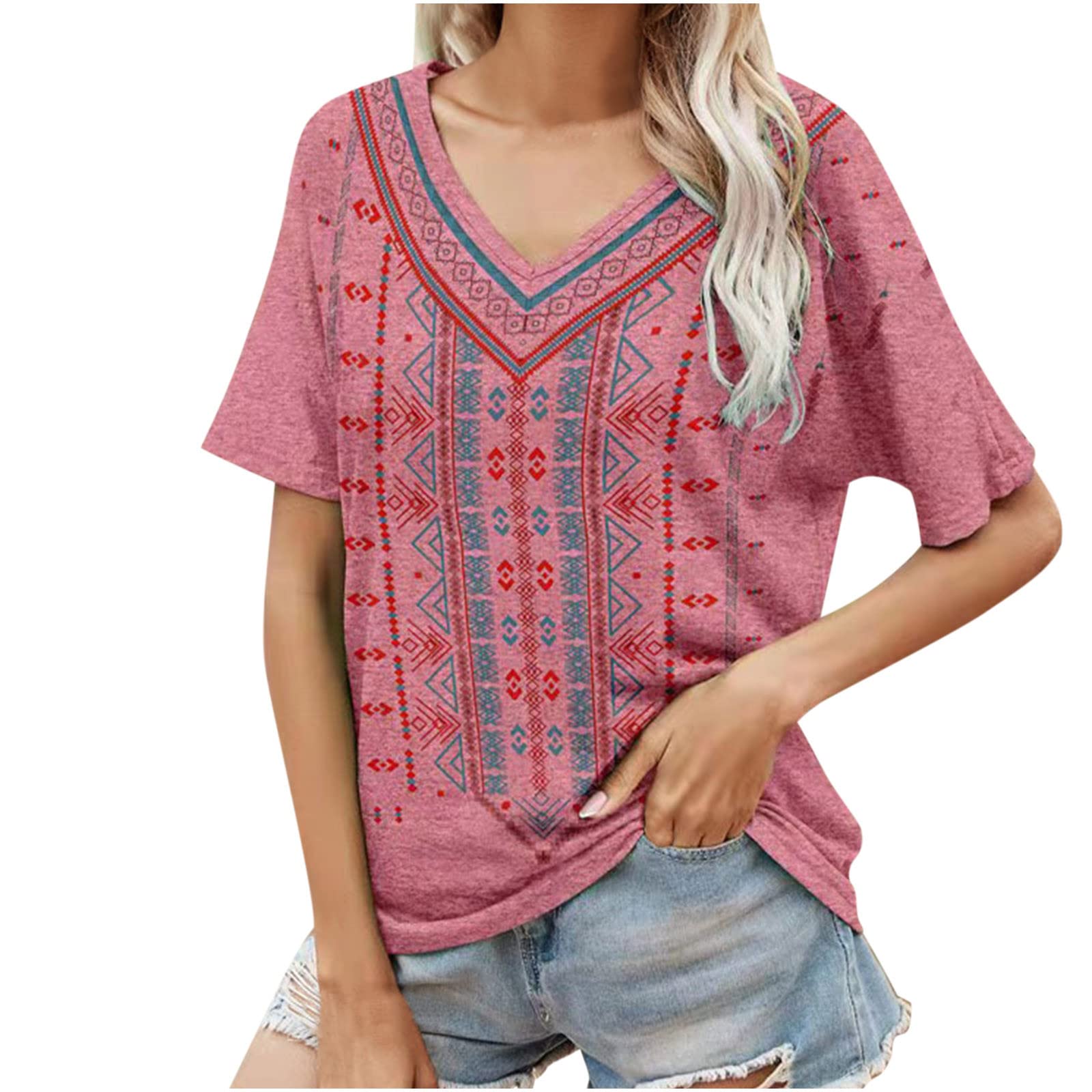Vintage Women's T-Shirts | Summer Short Sleeve V-Neck Tops | Oversized Casual Western Blouse for Women - Perfect for Everyday Wear, Outdoor Activities & Boho Fashion Style