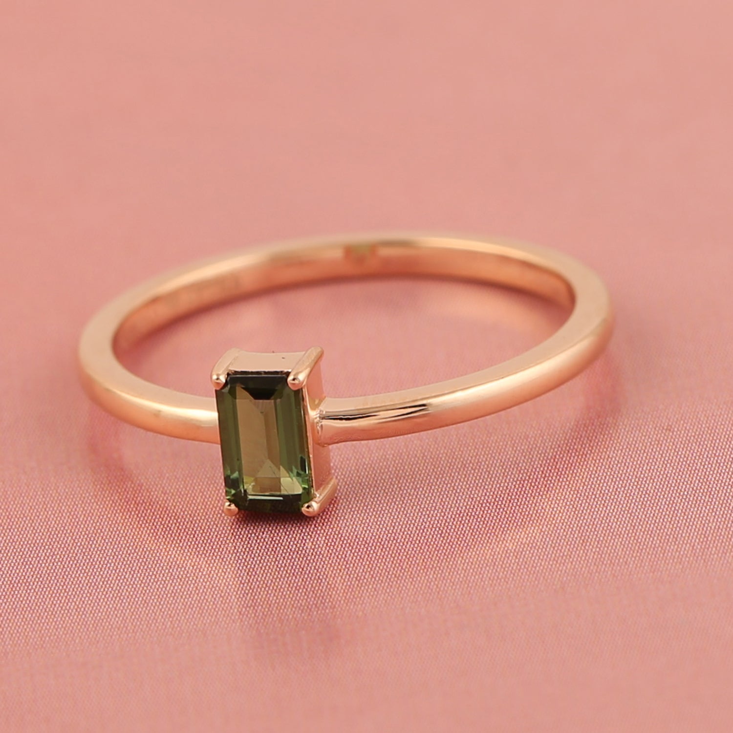 18k Rose Gold Baguette Cut Green Tourmaline Dainty Band Ring - Elegant Everyday Jewelry for Women, Perfect Gift for Birthday, Anniversary & Special Occasions