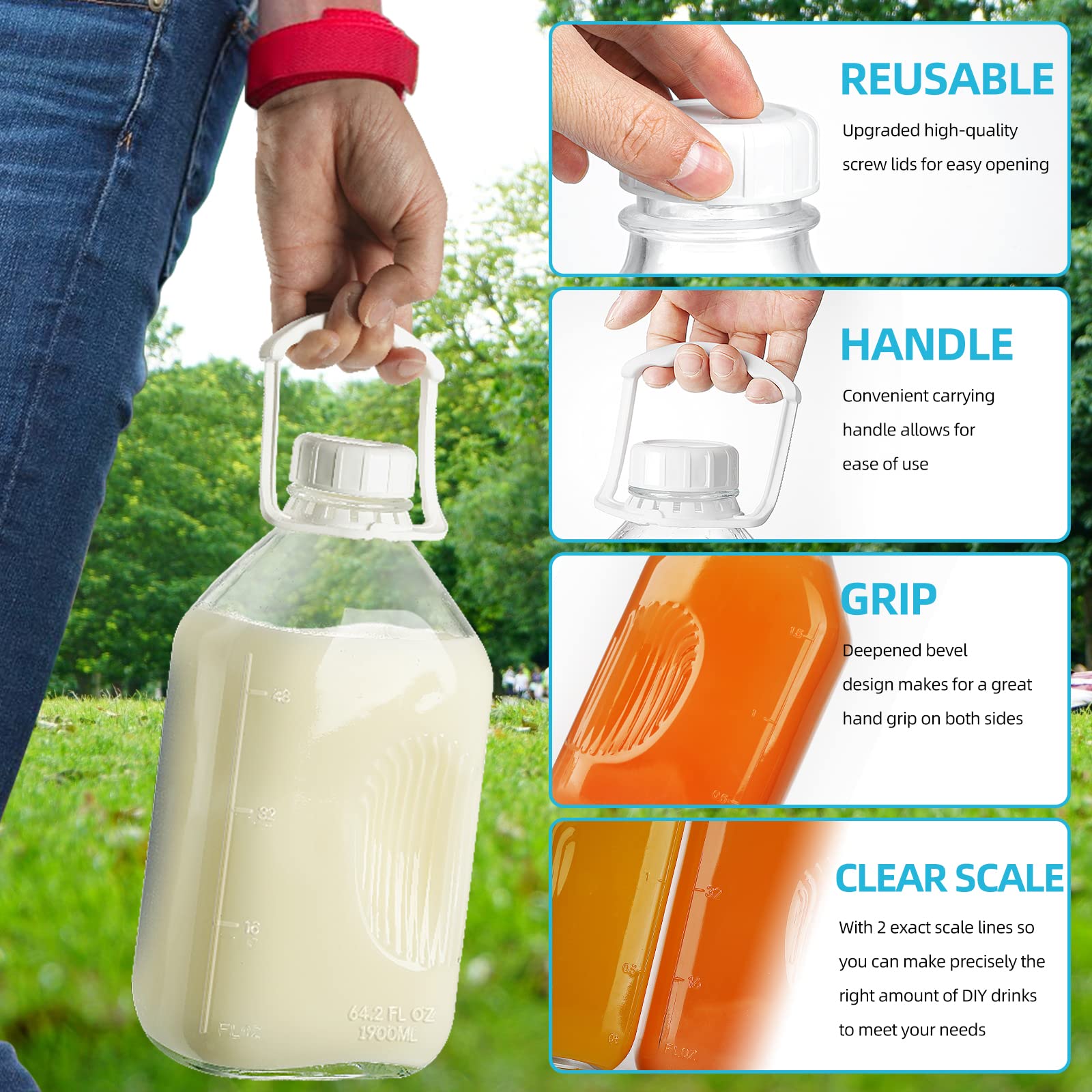1/2 Gallon Heavy Duty Glass Milk Bottle with Reusable Airtight Screw Lid - 2 Qt Glass Water Bottle - Glass Milk Jug Pitcher with 2 Exact Scale Lines - Perfect for Refrigerator Storage, Meal Prep, Coffee Creamer & Homemade Beverages