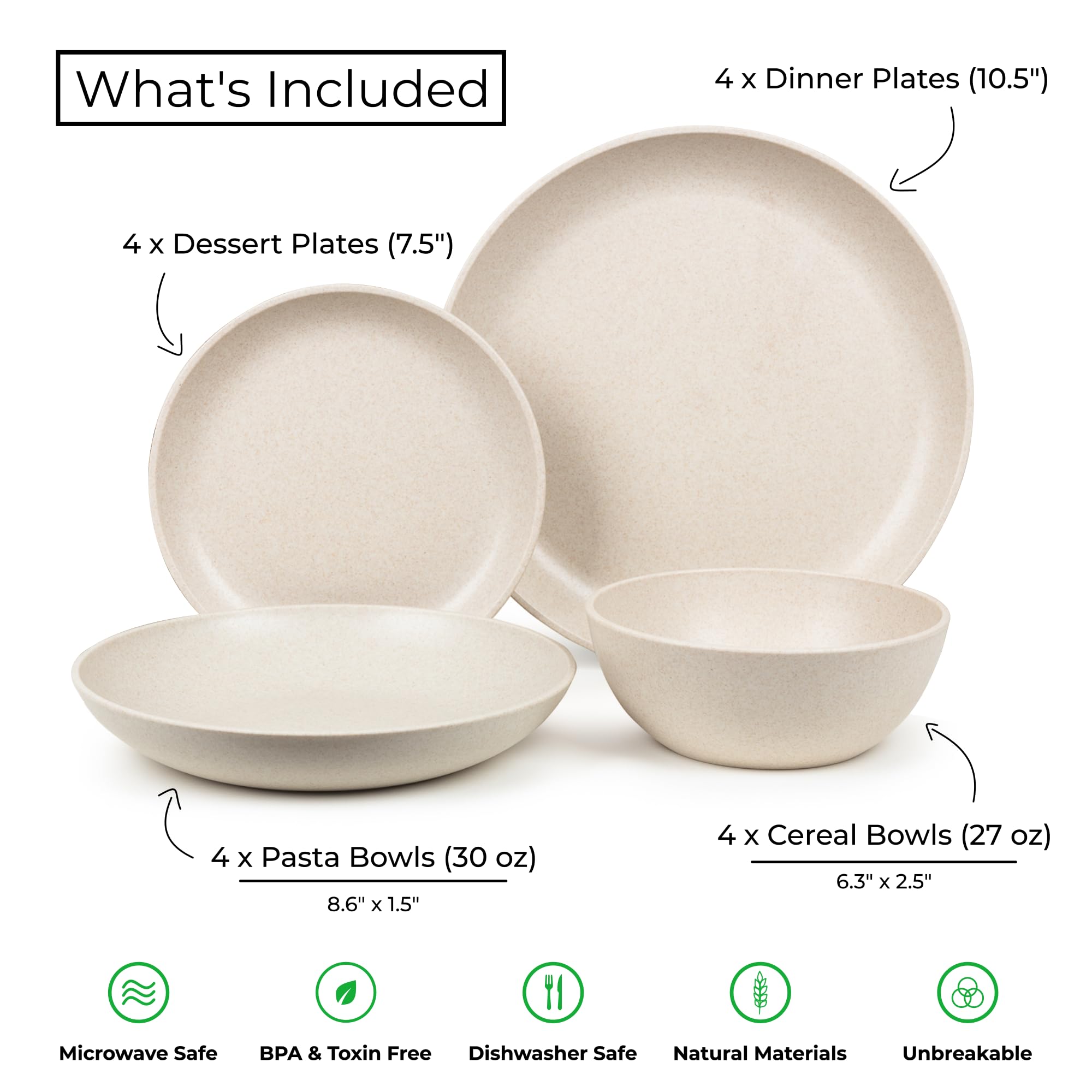 Premium 16-Piece Wheat Straw Dinnerware Set for 4 - Eco-Friendly Plates & Bowls | Microwave Safe, BPA-Free | Perfect for RV, Camping, Picnics & Outdoor Dining | Includes Dinner Plates, Dessert Plates, Pasta & Cereal Bowls | Sahara Collection