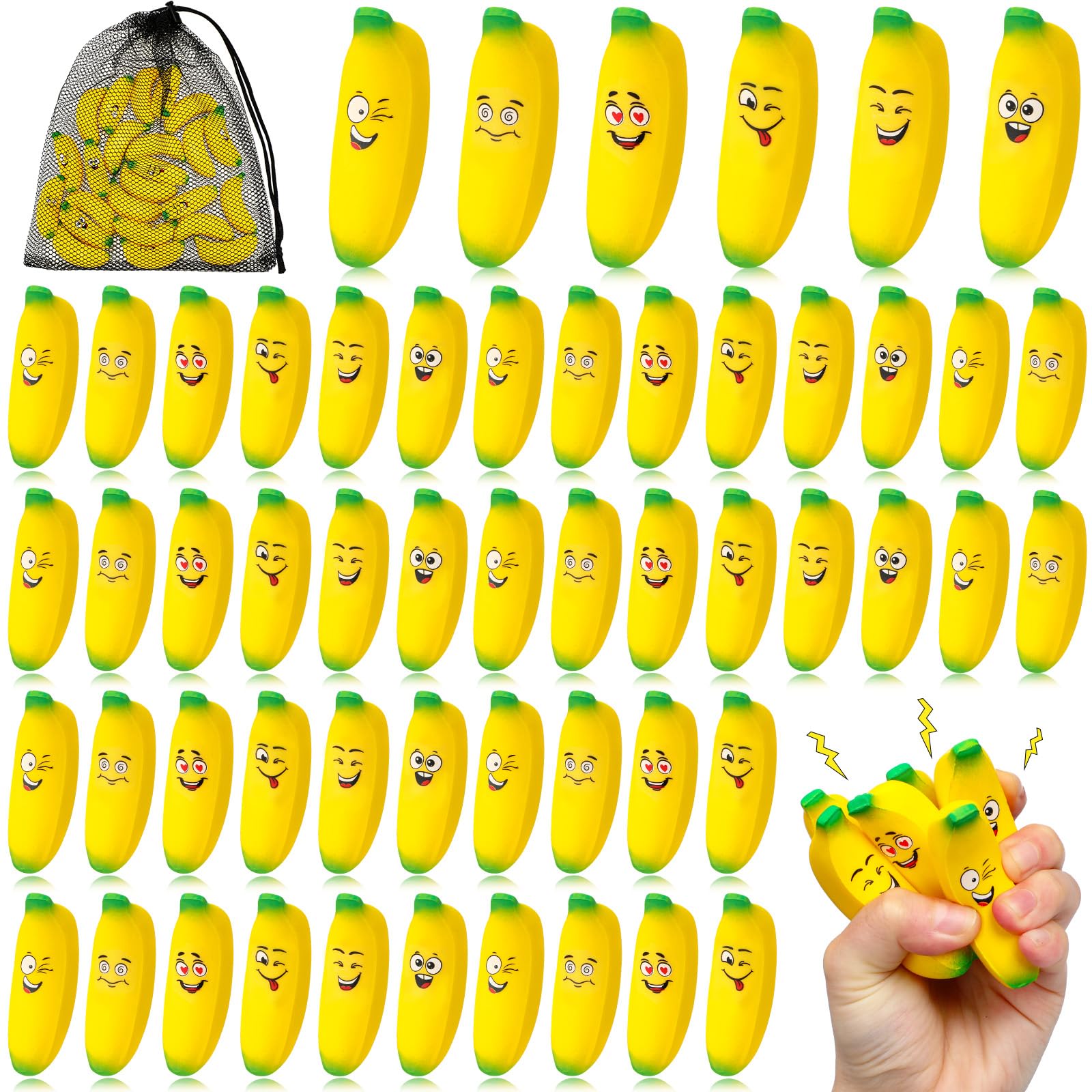 24 Pack Mini Banana Stress Relief Toys - Stretchy Fidget Toys with 6 Fun Expressions for Anxiety & Stress Relief - Great for School, Parties, Carnivals & Office Use - Includes Storage Bag (Colorful Banana-Shaped Sensory Toys)