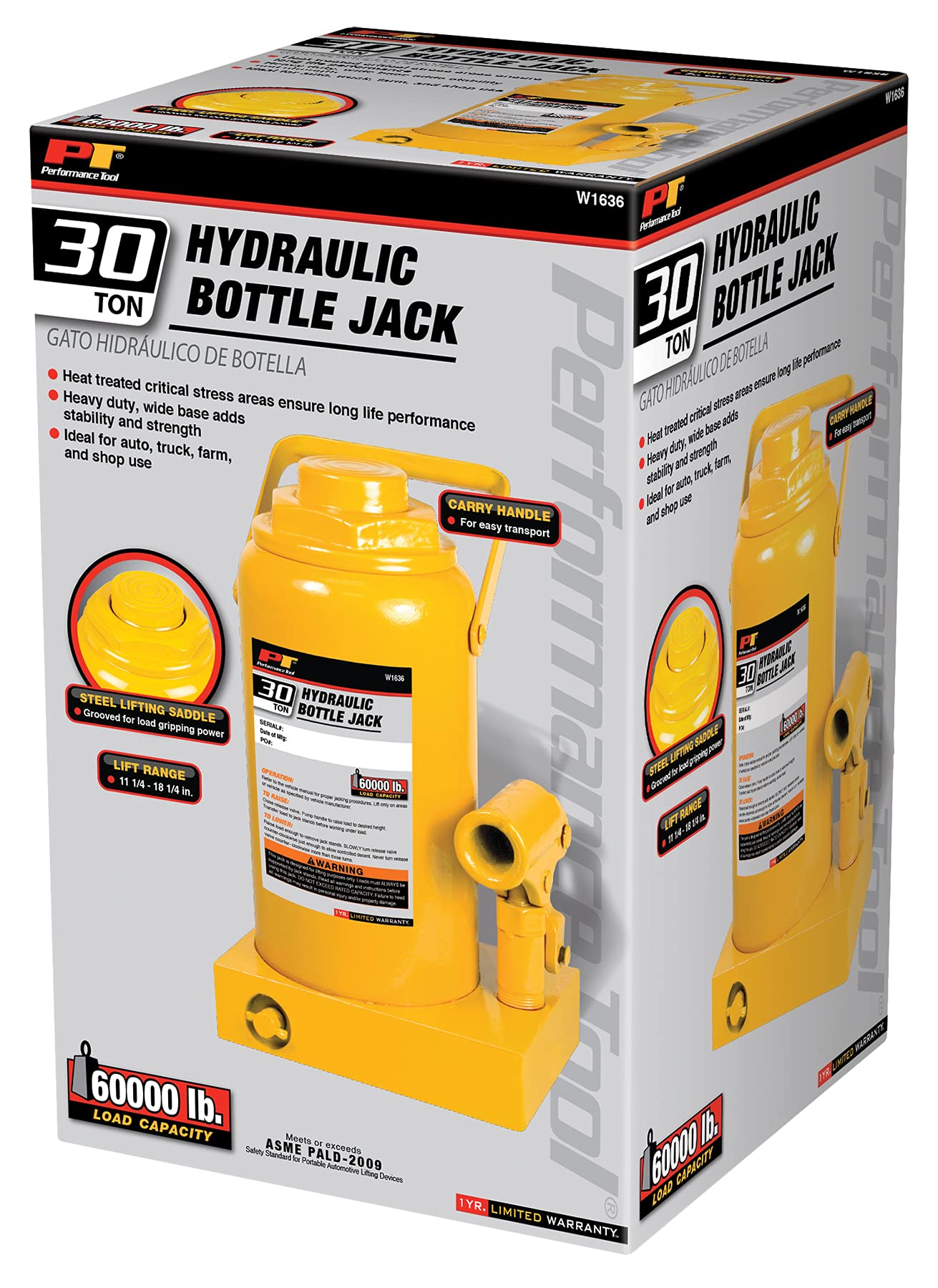 Performance Tool W1636 30 Ton (60,000 lbs) Heavy Duty Hydraulic Bottle Jack - 11.25