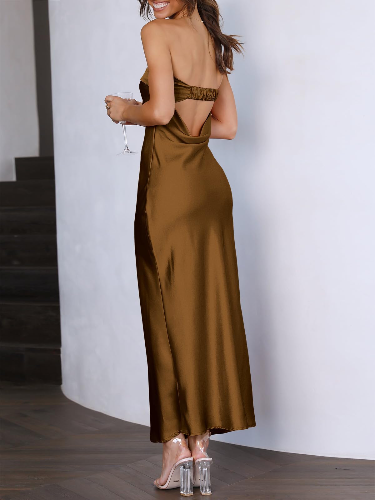 Caracilia Women's Strapless Satin Bodycon Maxi Dress - Backless Formal Gown for Wedding Guest, Spring & Summer 2025 - Perfect for Cocktail Parties, Evening Events & Special Occasions