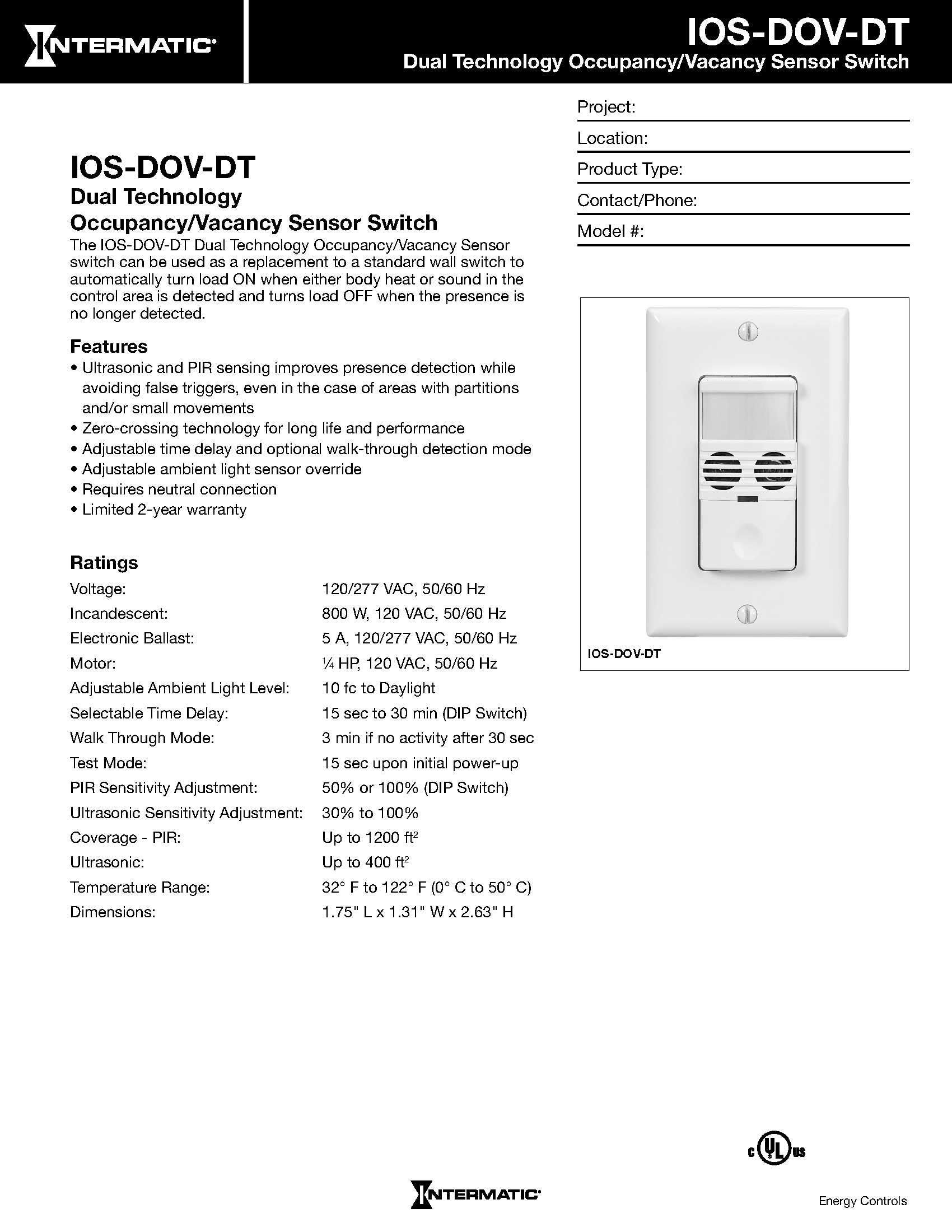 Intermatic IOS-DOV-DT-WH In-Wall Dual Technology Occupancy/Vacancy Sensor Switch - White | Smart Lighting Control for Homes & Offices | Energy Saving Motion Sensor for Indoor Use