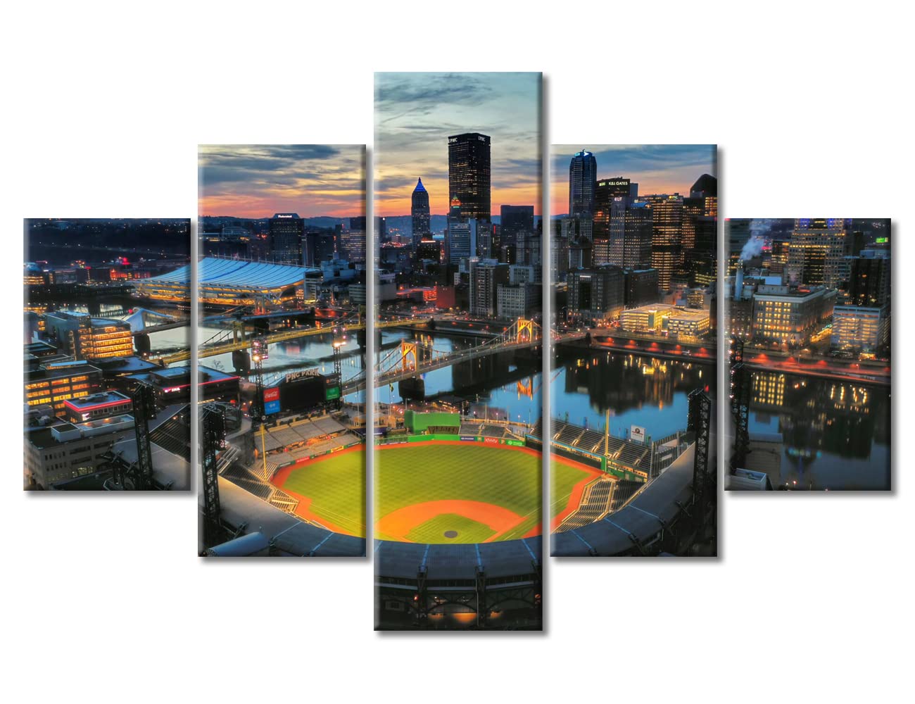 PNC Park Pittsburgh Cityscape Wall Art Set - 5 Piece Baseball Stadium Decor, Framed & Ready to Hang (60
