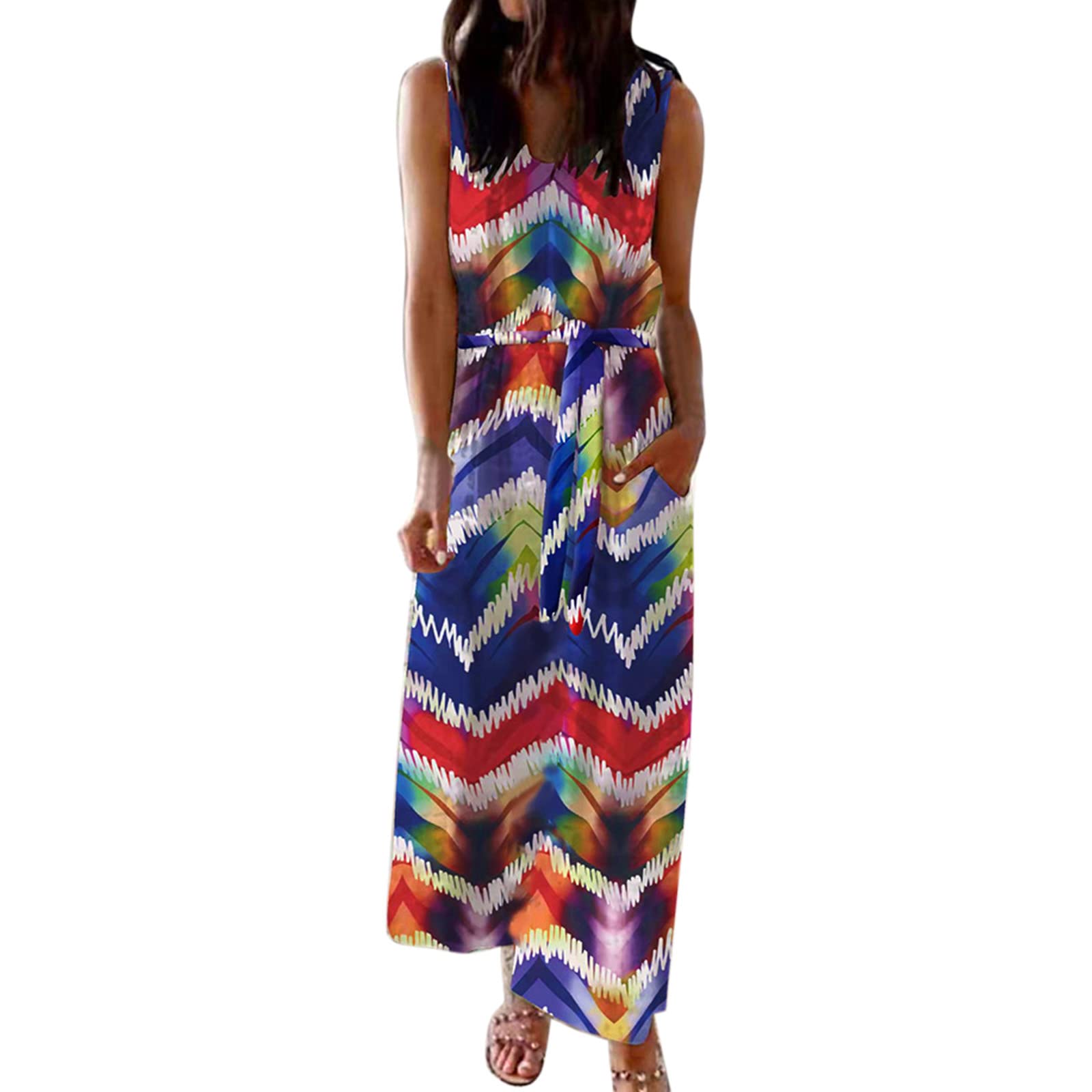KASAAS Women's Sleeveless Striped V-Neck Midi Dress - Flattering Ruched Tie Waist Design to Hide Belly Fat - Perfect for Casual Wear, Summer Outfits & Beach Vacations