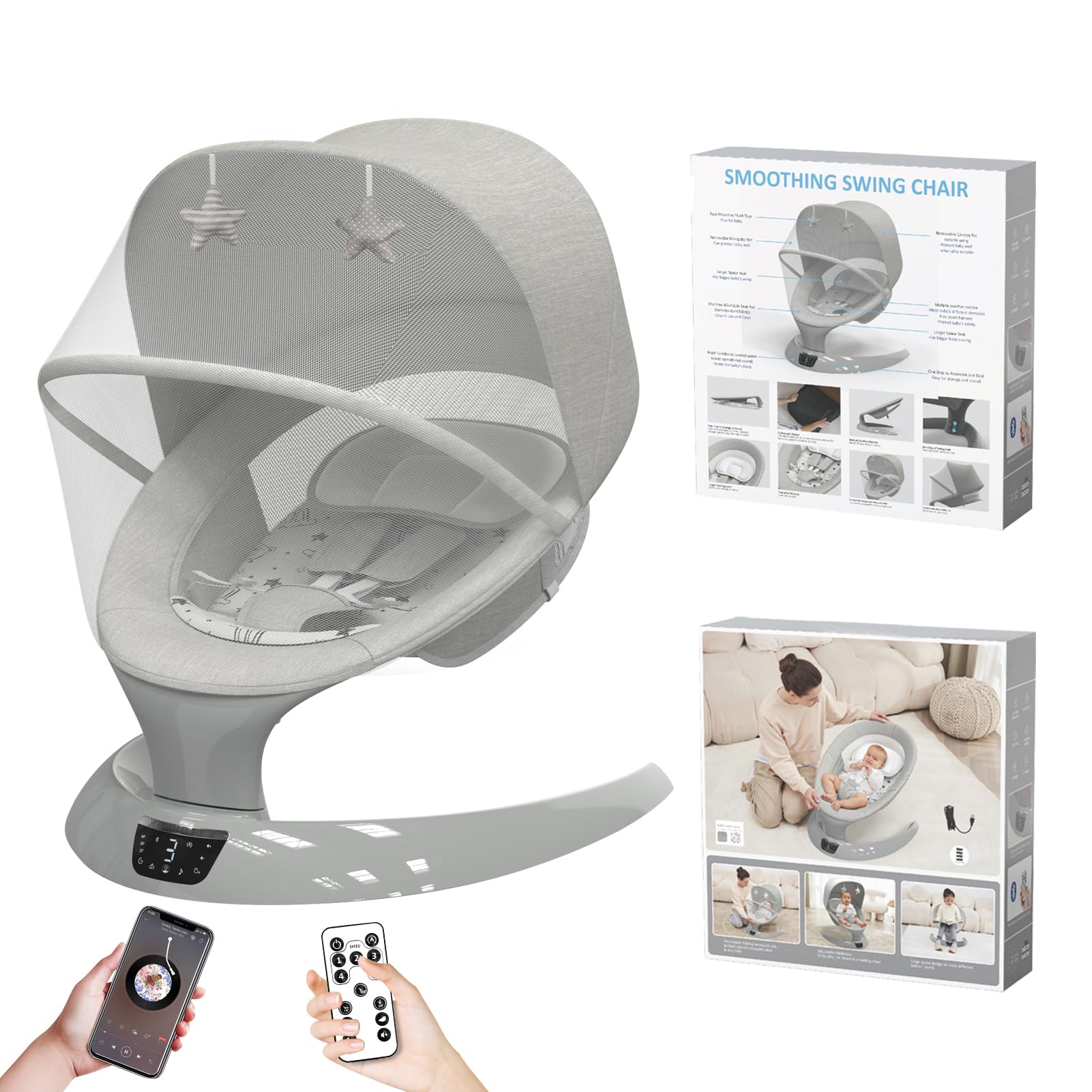 Electric Baby Swing for Infants - Portable Rocker with Bluetooth, 5 Speed Settings, 12 Lullabies & 5 Nature Sounds - Perfect for Newborns & Toddlers (0-12 Months) - Ideal for Nursery, Living Room & Travel Use