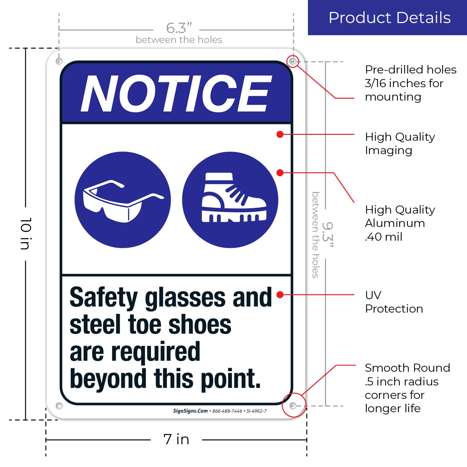 ANSI Safety Sign - 'Safety Glasses & Steel Toe Shoes Required Beyond This Point' - 10x7 Inches Rust-Free .040 Aluminum - Fade Resistant for Indoor/Outdoor Use - Made in USA - Perfect for Construction Sites, Warehouses & Industrial Facilities