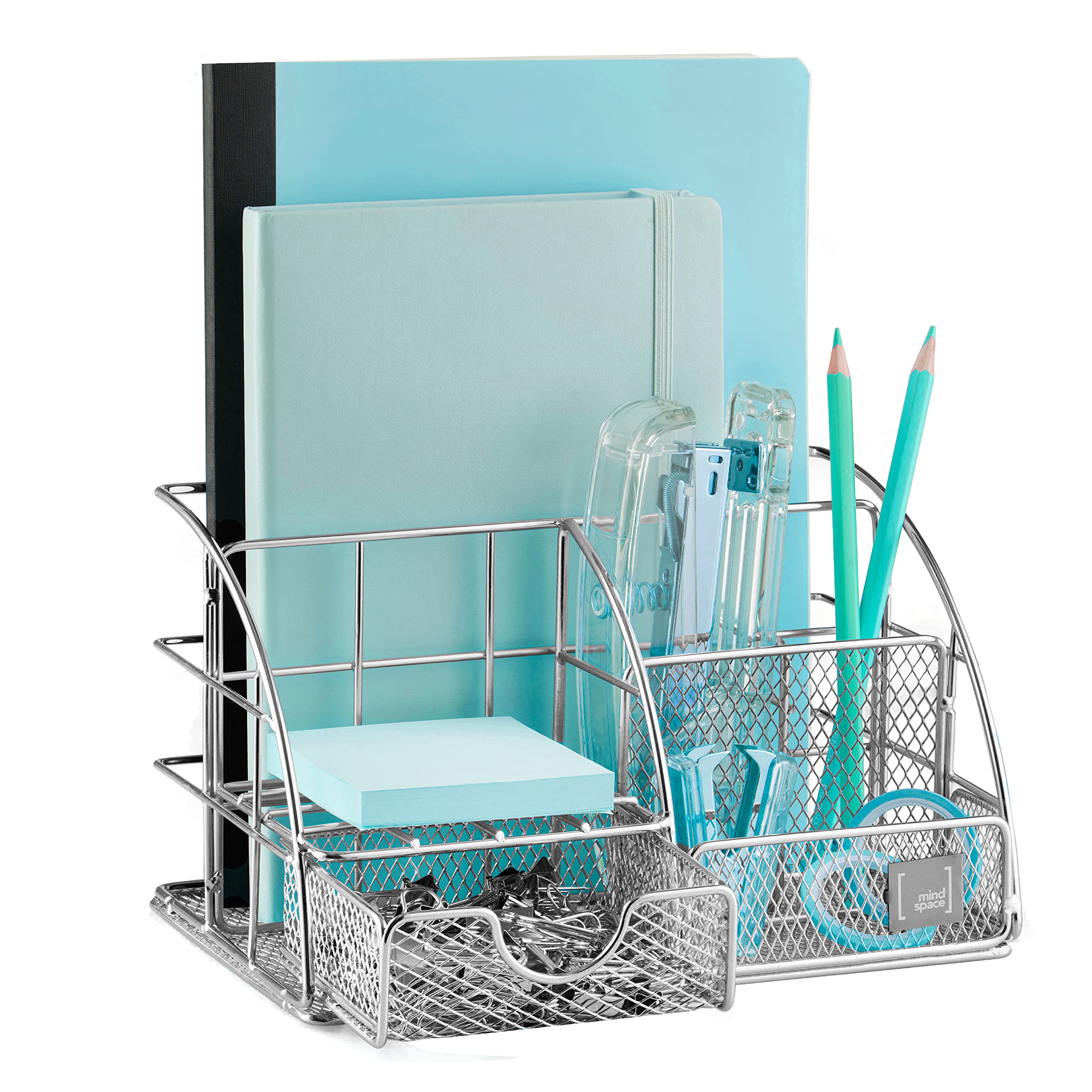 Mindspace Small Office Organizer - 5-Compartment Mesh Desk Caddy with Sliding Drawer | Includes Paper Clips & Binder Clips | Chrome Wire Collection | Perfect for Home Office, Workspace & Desk Organization