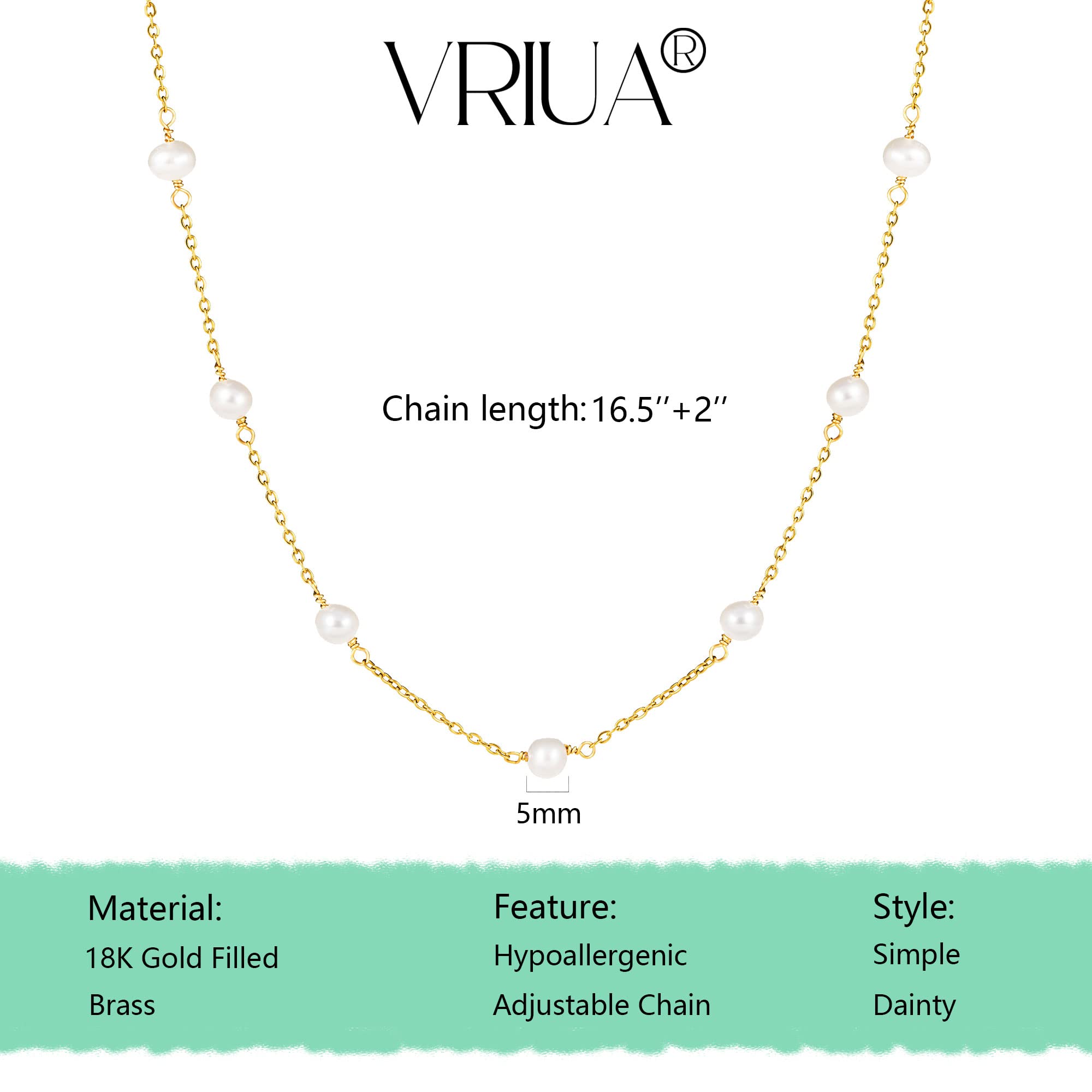 VRIUA 14K Gold Plated Pearl Necklace for Women - Dainty Minimalist Everyday Jewelry, Perfect for Office, Date Night & Special Occasions